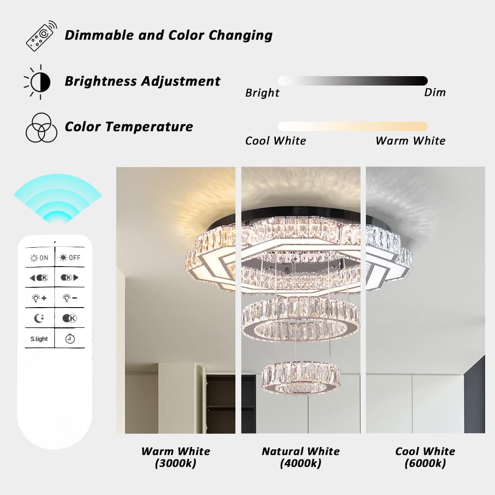 xychfantligh Modern Crystal Chandelier 22.5" Dimmable LED Flush Mount Pendant Light for Living Room, Bedroom, Dining Room, Entryway