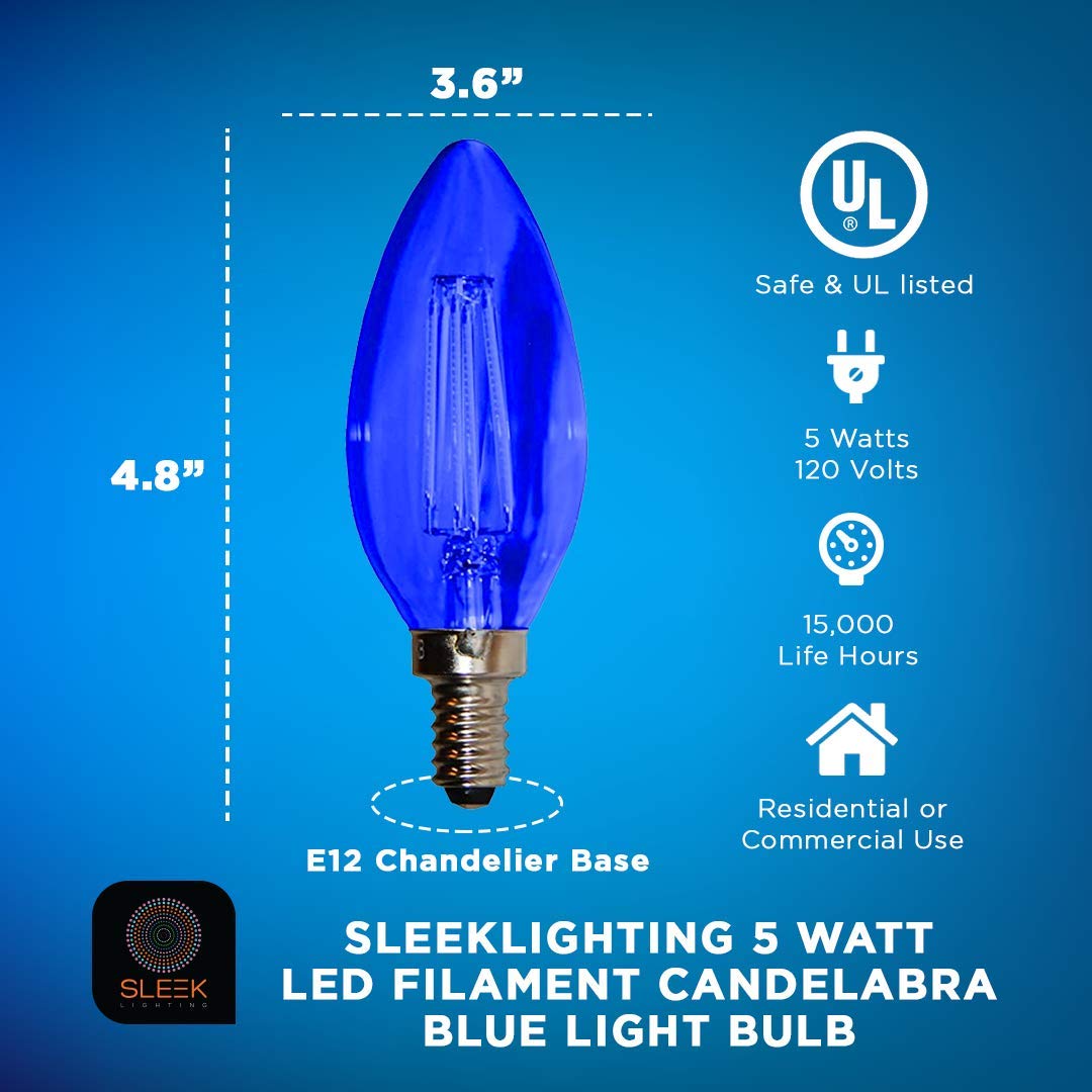 SLEEKLIGHTING E12 LED Filament Candelabra Blue Light Bulb, 5W (60W Replacement), Clear Glass, 4 Pack
