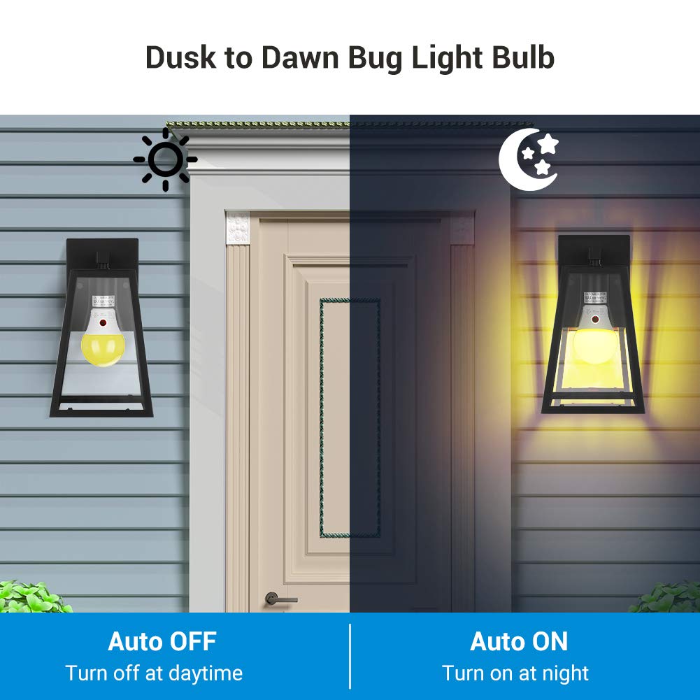 Dewenwils A19 Dusk To Dawn Led Outdoor Light Bulb, Yellow Bug Light Bulbs For Outside, 2000K Amber Glow, 9W Equivalent 60W, E26