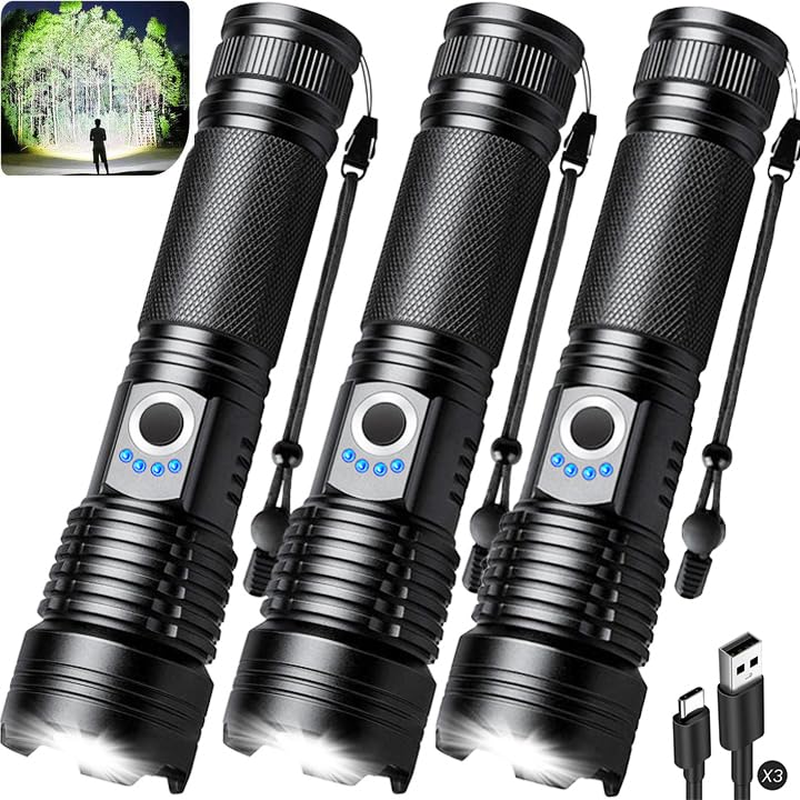 ALSTU Flashlight Rechargeable 99,000 High Lumens - 3 Pack Bright LED Flash Light with 5 Modes, Handheld Waterproof Linterna for 