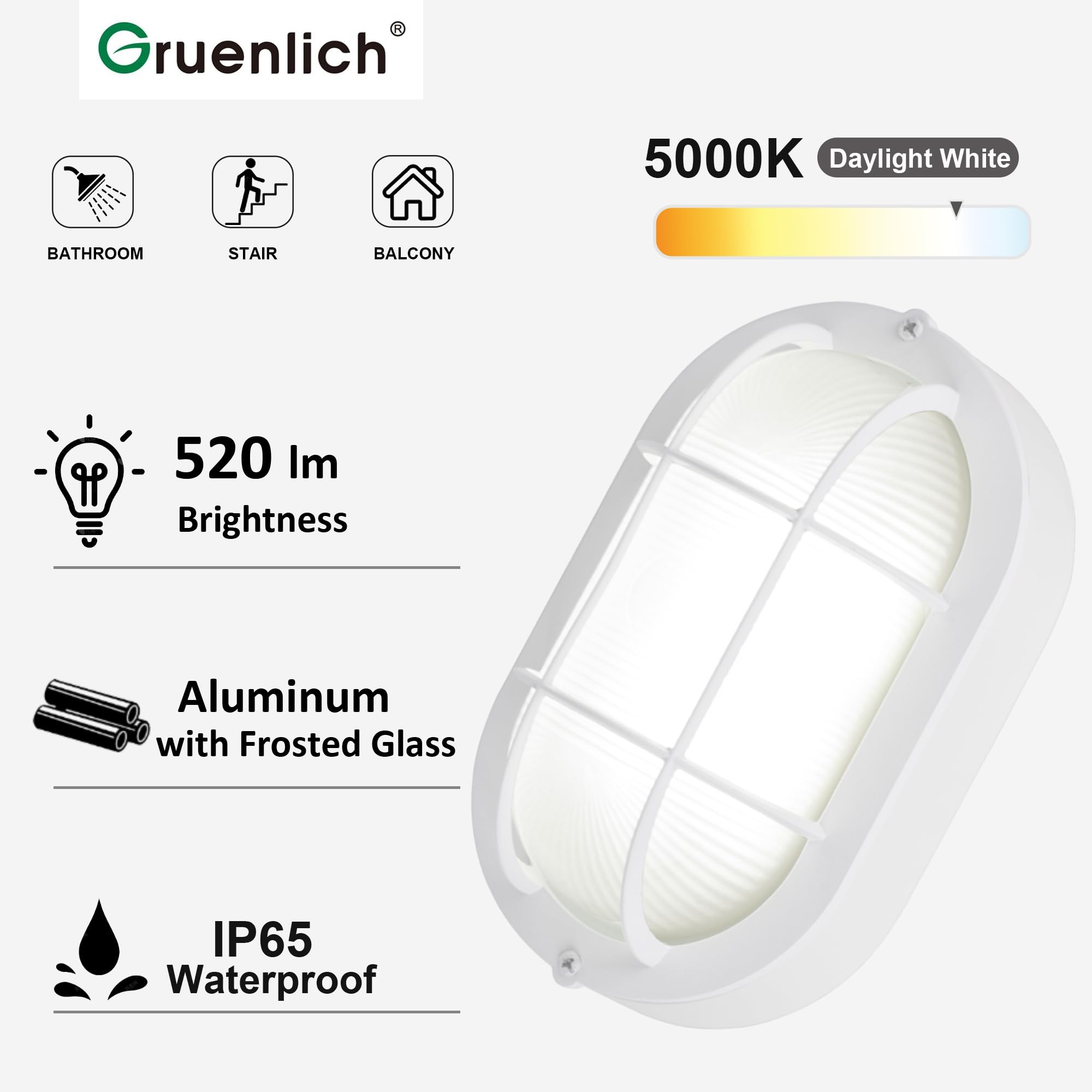 Gruenlich Led Bulkhead Light, Flush Mount For Wall Or Ceiling, 6W, 520 Lumen, Dimmable 5000K Daylight White, Outdoor Rated, Alum