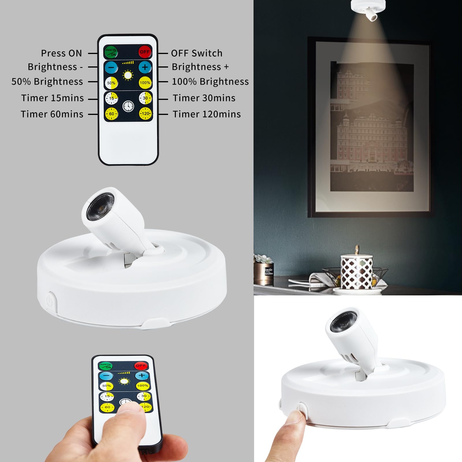 HOFUY Wireless LED Spotlight Puck Lights, Dimmable with Remote, 4-Pack, White, Model Spot-QB-4