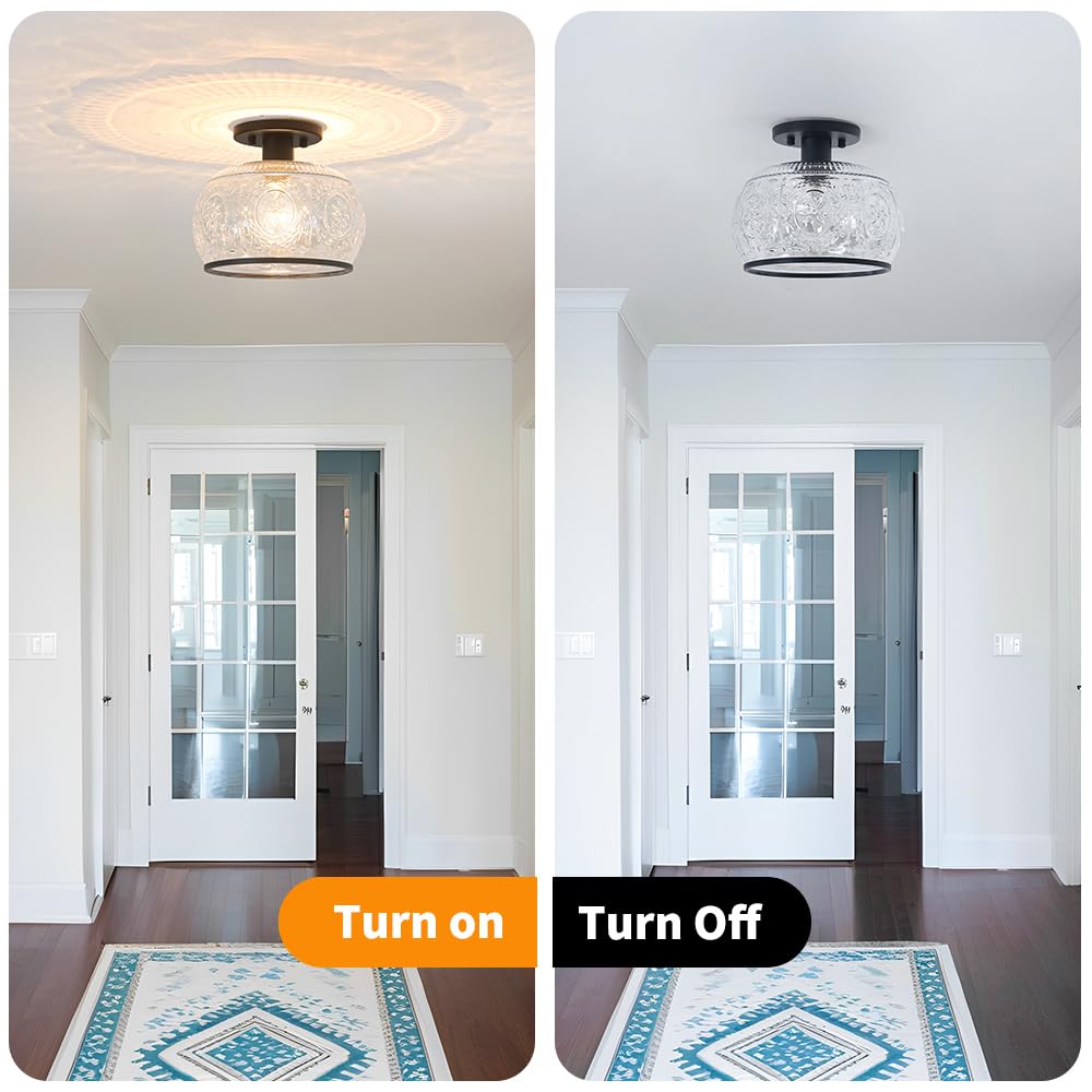 Oiyio Black Vintage Semi-Flush Mount Ceiling Light With Globe Glass. Ideal For Small Kitchen, Closet, Hallway, Entryway, And Bat