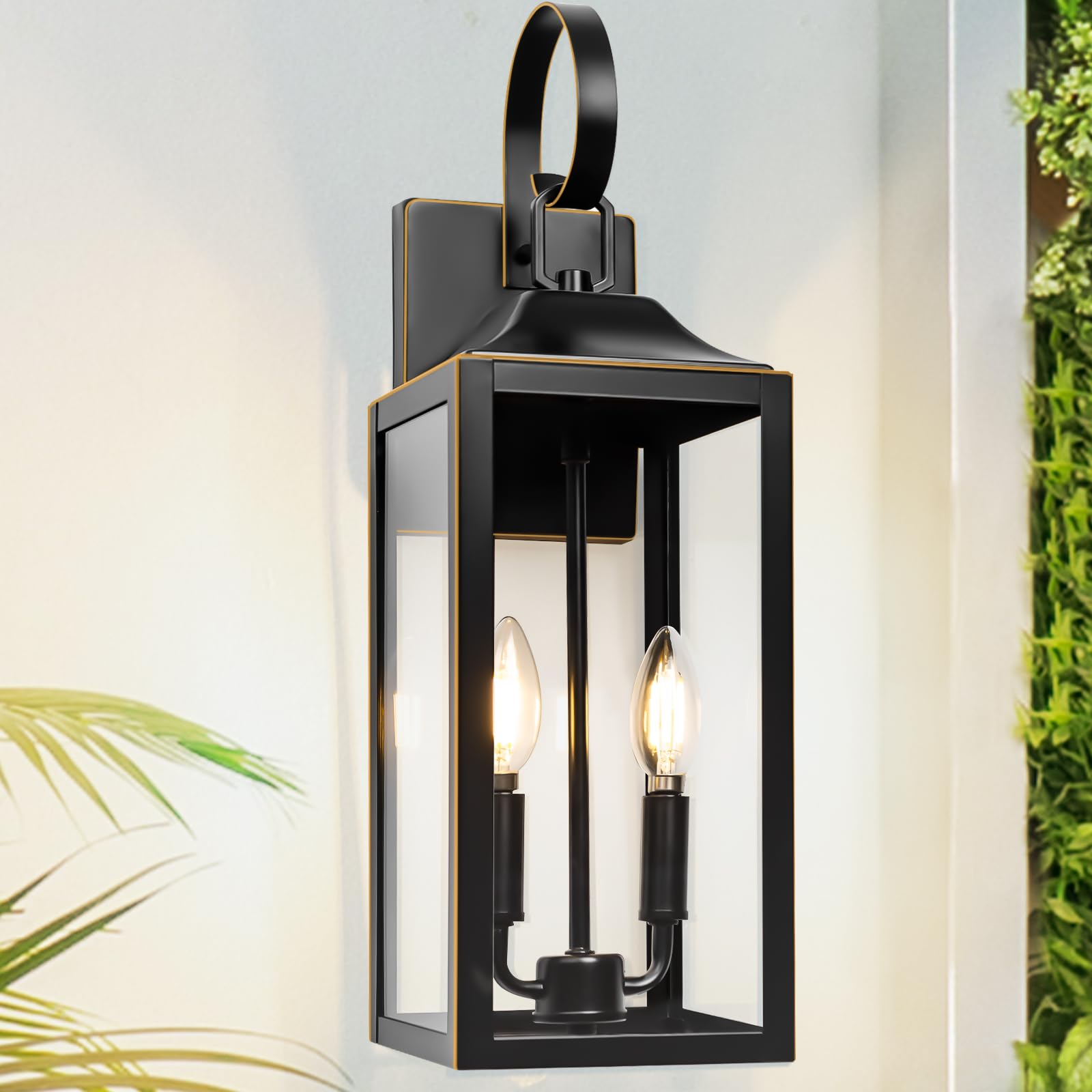Yolsunes 19'' Large Outdoor Wall Light - Black Outside Wall Mounted Light Fixture with Gold Trim, Exterior Farmhouse Wall Sconce