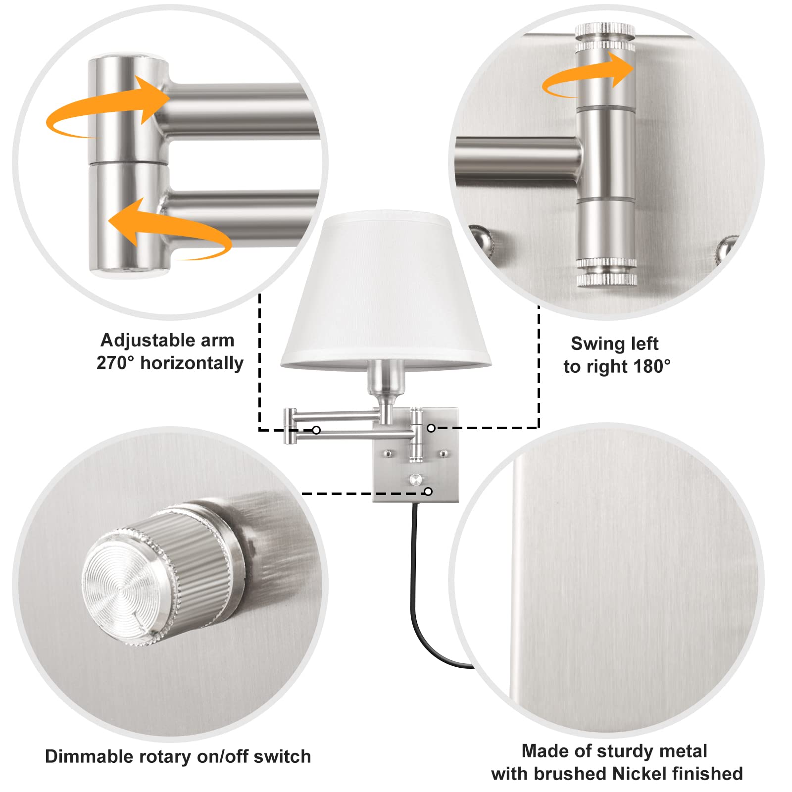 TRLIFE Wall Sconce Set of 2, Dimmable Brushed Nickel Swing Arm Lights, Medium White Fabric Shade, Model BYsconce-M-Whi