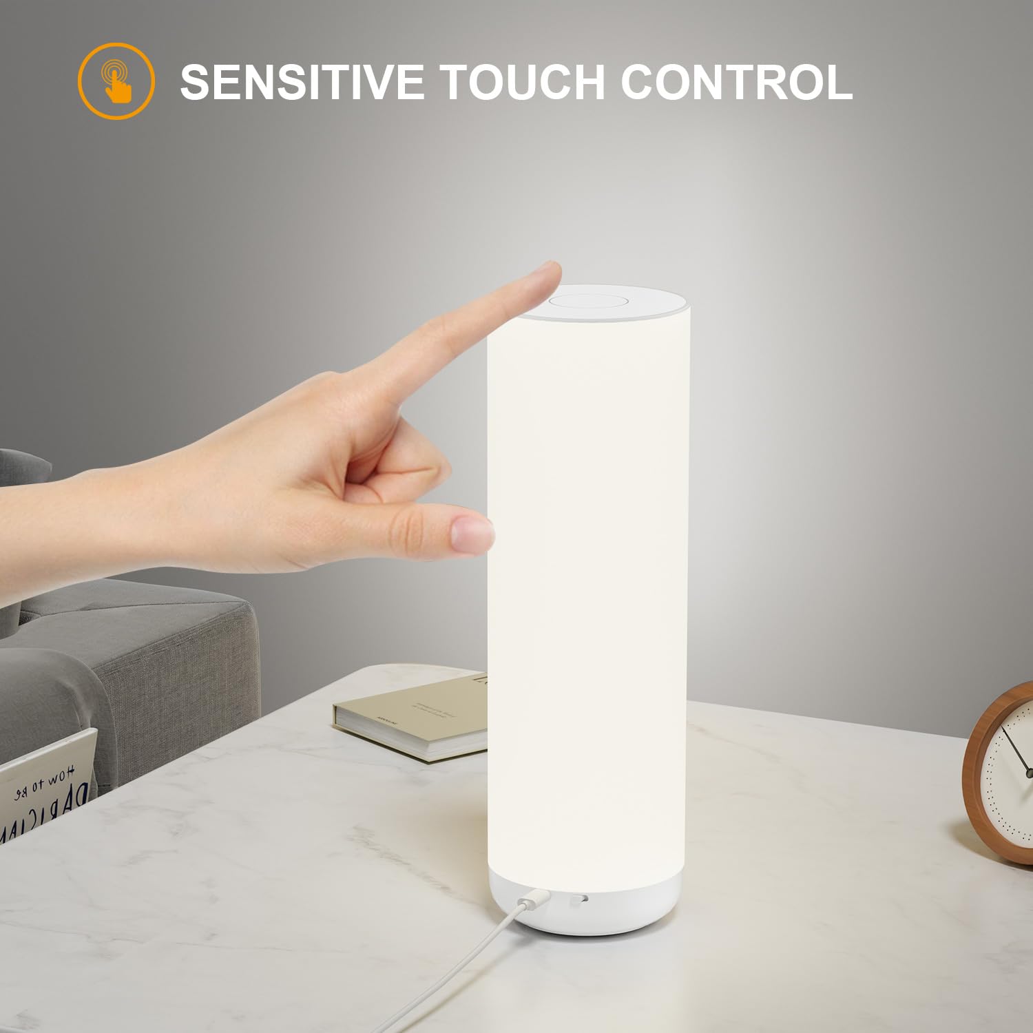 Semlos LED Table Lamp - Minimalist Touch Control Night Stand Light, 11.8", White, Round 30cm, USB Powered, Model 004-20168-W-1