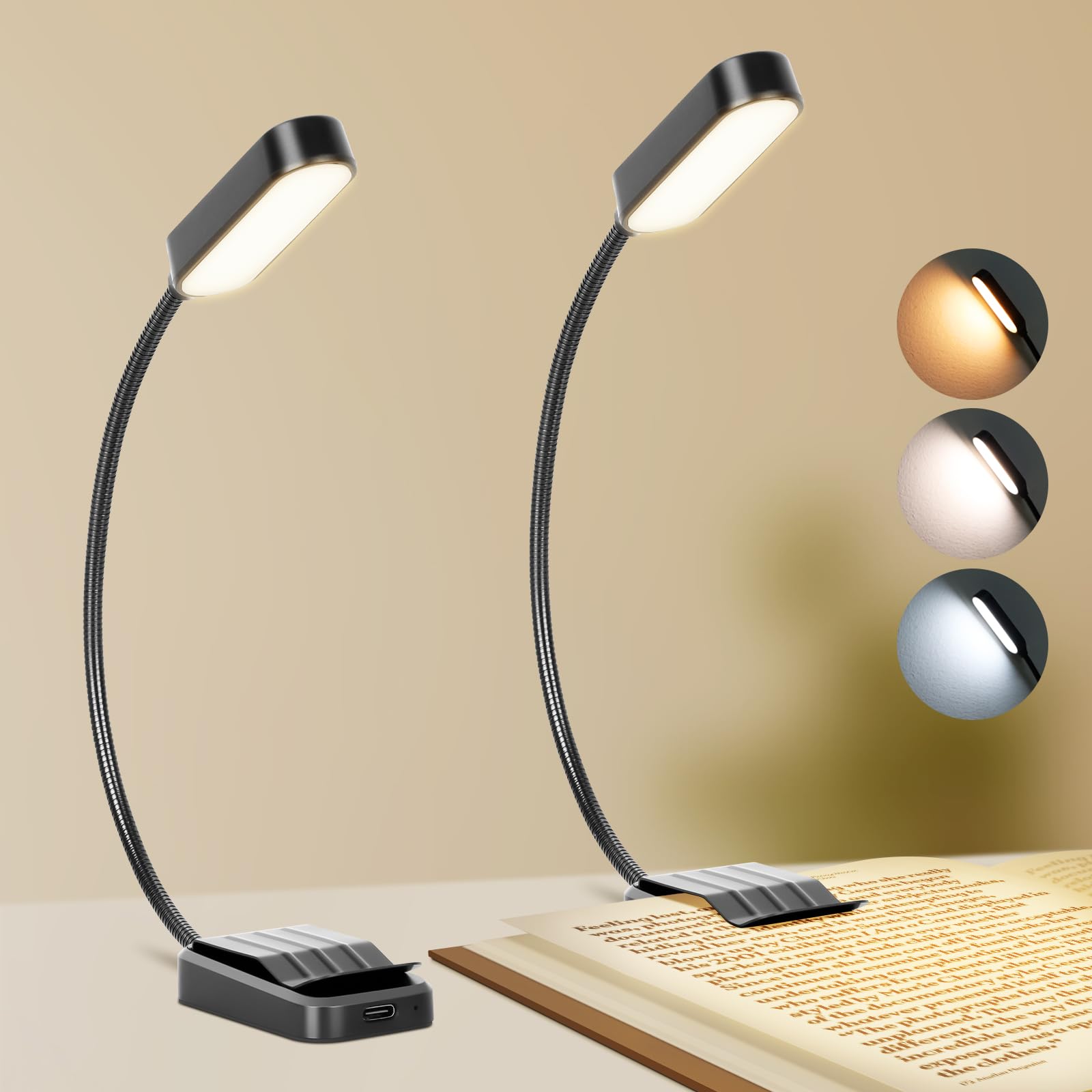 Best World LED Book Light 2 Pack, Rechargeable, 3 Colors, Stepless Dimming, Flexible Clip-on, Black, Model WLM310-BLA-1W-01