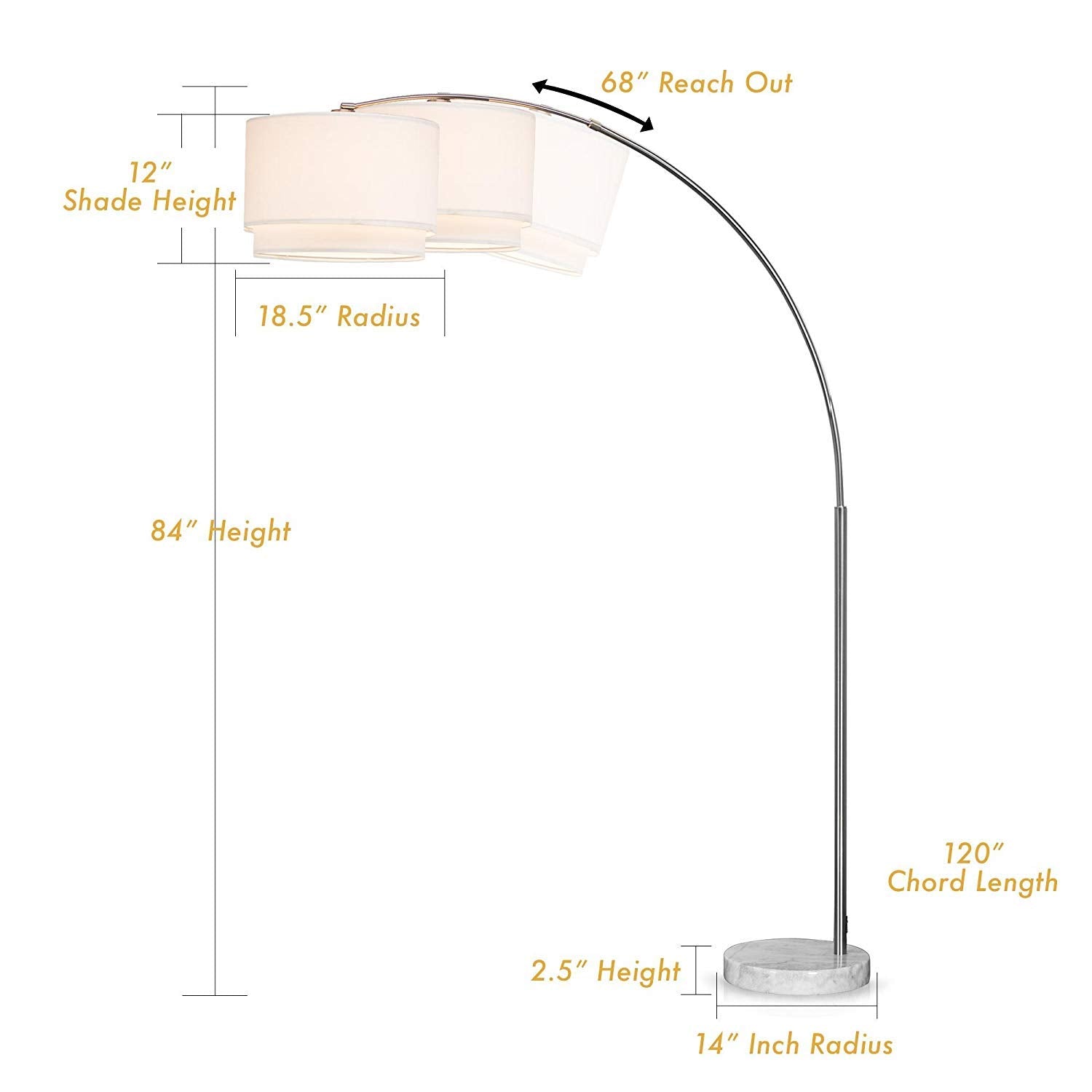 Major-Q 81" Arc Floor Lamp - X-Large White Drum Shade, Real Marble Base, Metal, Model SH-6938WH