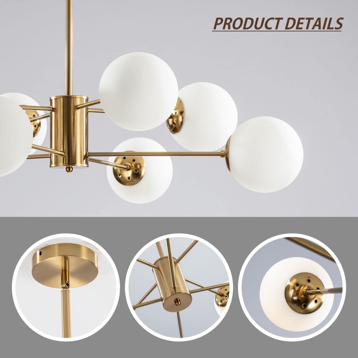 KCO 8-Light Glass Sputnik Chandelier Modern Gold Pendant Light Fixture - L1085-8-Head, Metal, White and Gold