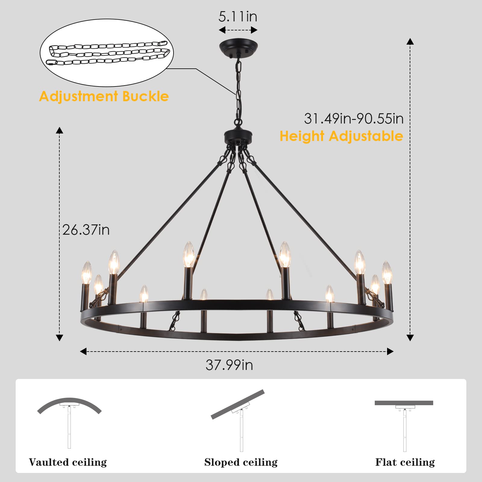 ZJVAIVE 12-Light Black Wagon Wheel Chandelier, Rustic Industrial Metal Fixture, 38" Round for Living Room, Dining Room, Kitchen Island