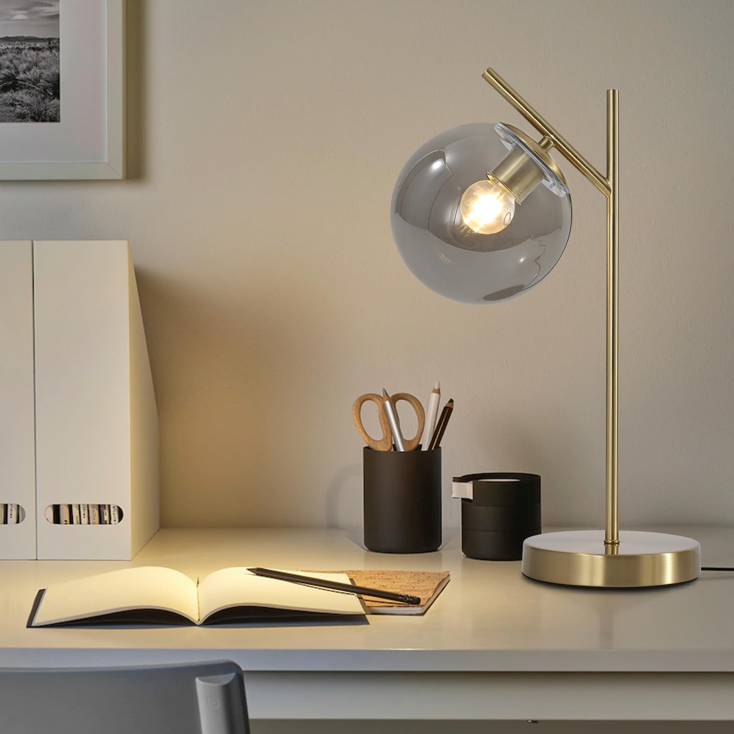 Fulesi Mid Century Desk Lamp Glass Globe Table Lamp With Gray Glass Lampshade Gold Modern Bedside Lamps For Bedroom Living Room