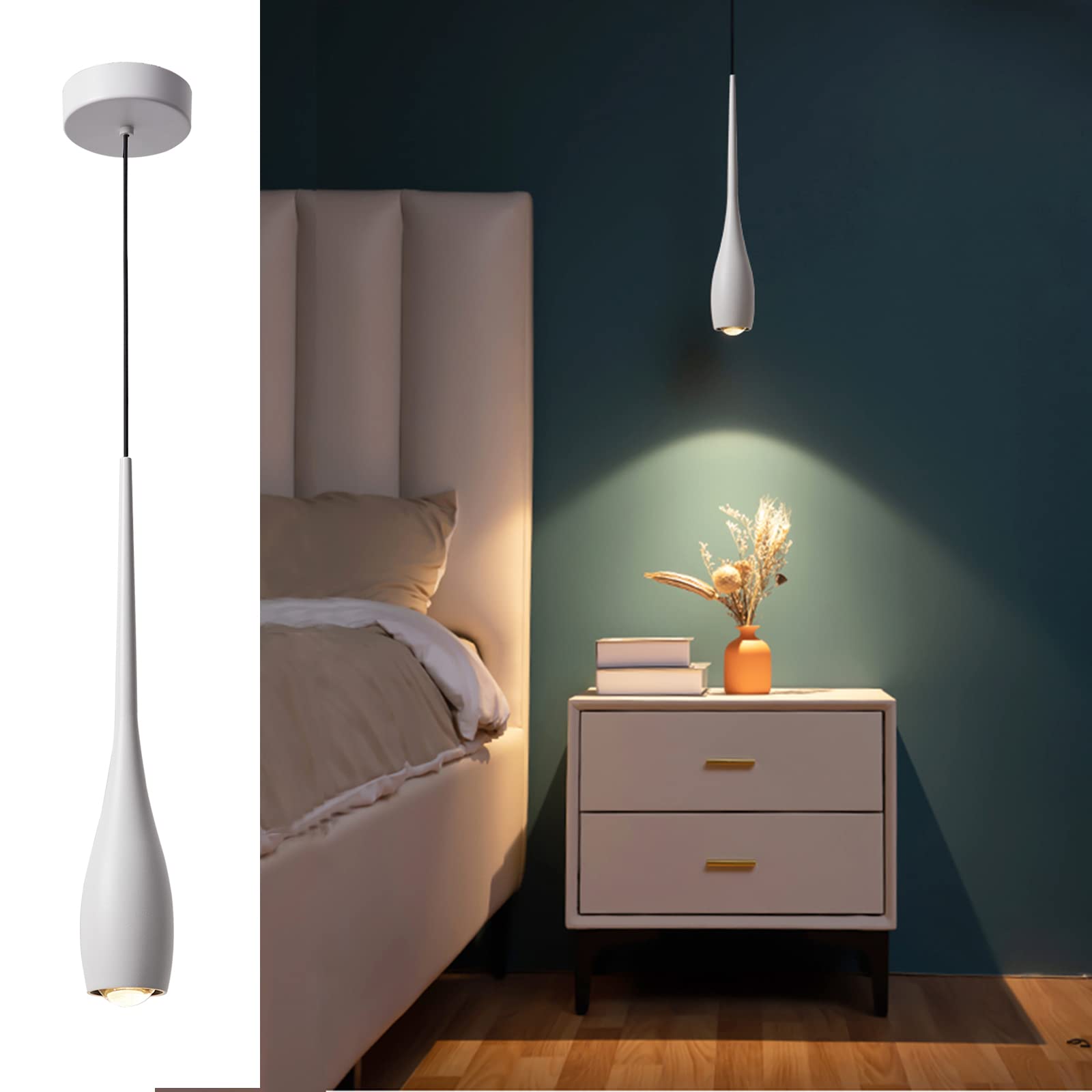 JULiN HOME White Pendant Light for Kitchen Island, LED Dimmable Pendant Light fixtures, Small Modern Industrial Hanging Pendant 