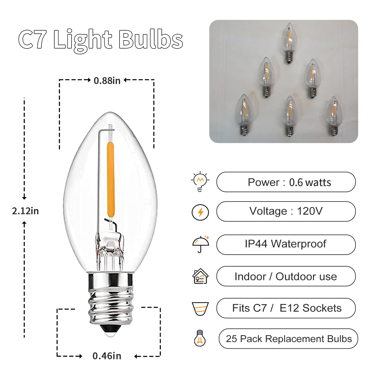Chyparty 12 Pack C7 Led Christmas Bulbs, E12 Candelabra Base, 0.6W Warm White Dimmable Clear - Halloween Light Bulbs For Indoor/