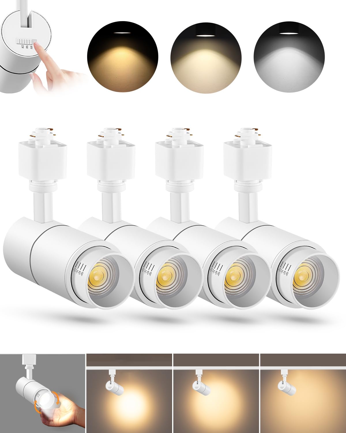 Vanoopee 10W Led Track Lighting Heads, Dimmable 3-Color Adjustable Spotlight, 4 Pack, White