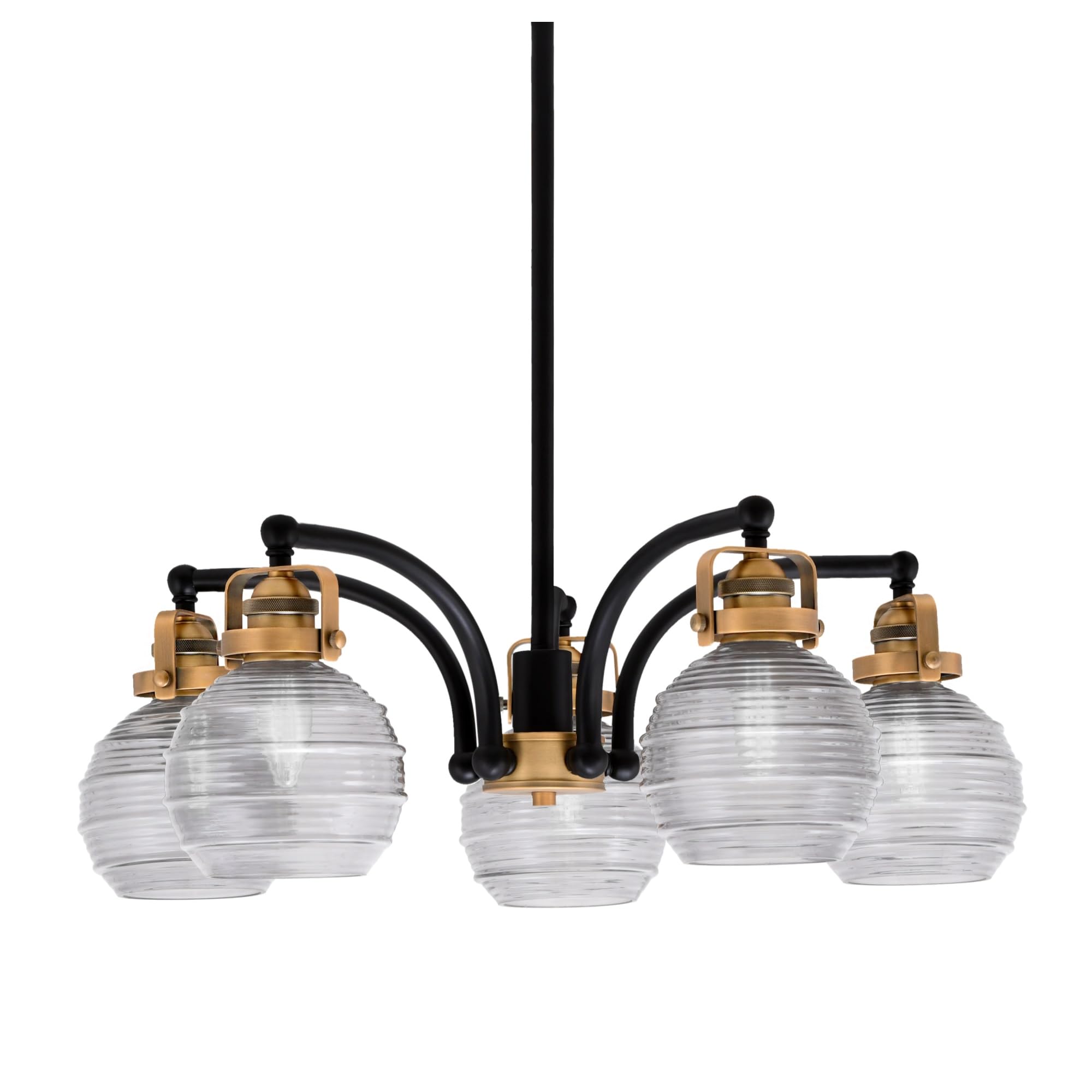 Easton Downlight, 5 Light, Chandelier Shown In Matte Black & Brass Finish With 6&quot; Clear Ribbed Glass