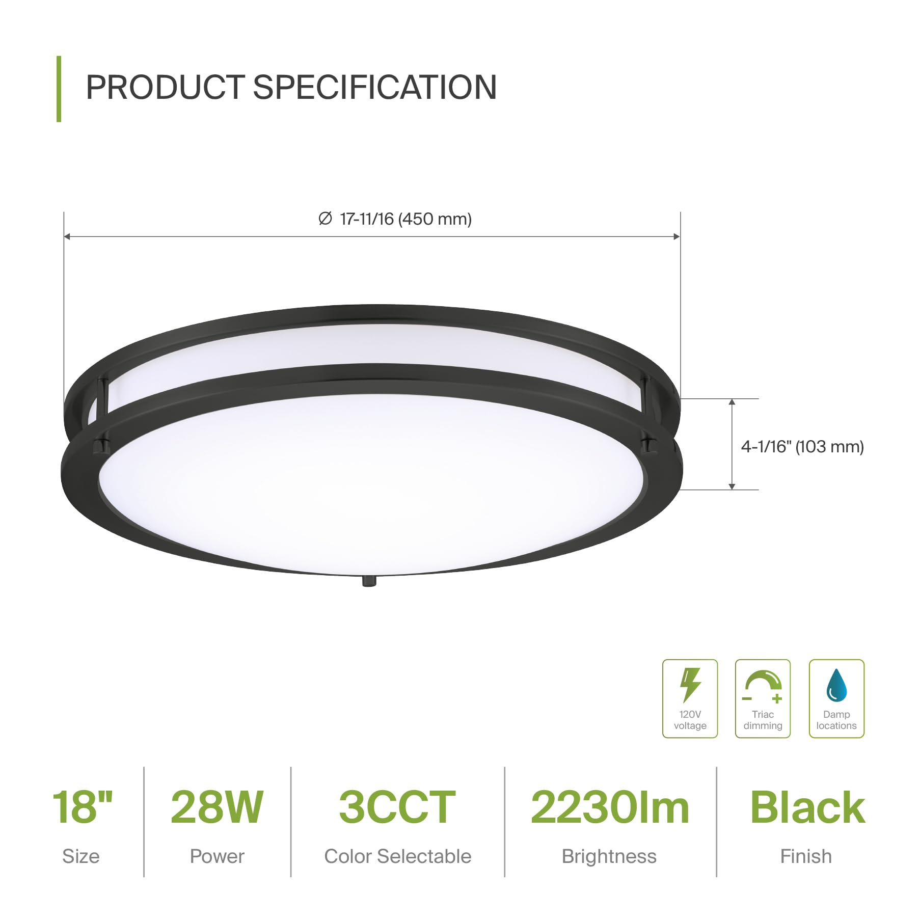 Asd Led 18 Inch Round Flush Mount Light Fixture | 28W 2250Lm 3000K-5000K 120V | 3Cct  Dimmable  Energy Star  Etl Listed | Close To Ceiling Double Ring Lamp  Low Profile Lighting | Black