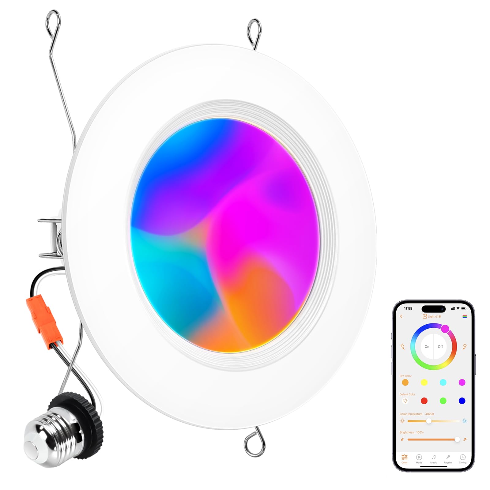 Varicart Smart Recessed Lighting 6 Inch  Rgbcw Color Changing Led Can Lights Bluetooth Connect  Flicker Free  13W 1300Lm  Dimmable Retrofit Downlight Works With Alexa Voice & App Control  Etl  1 Pack
