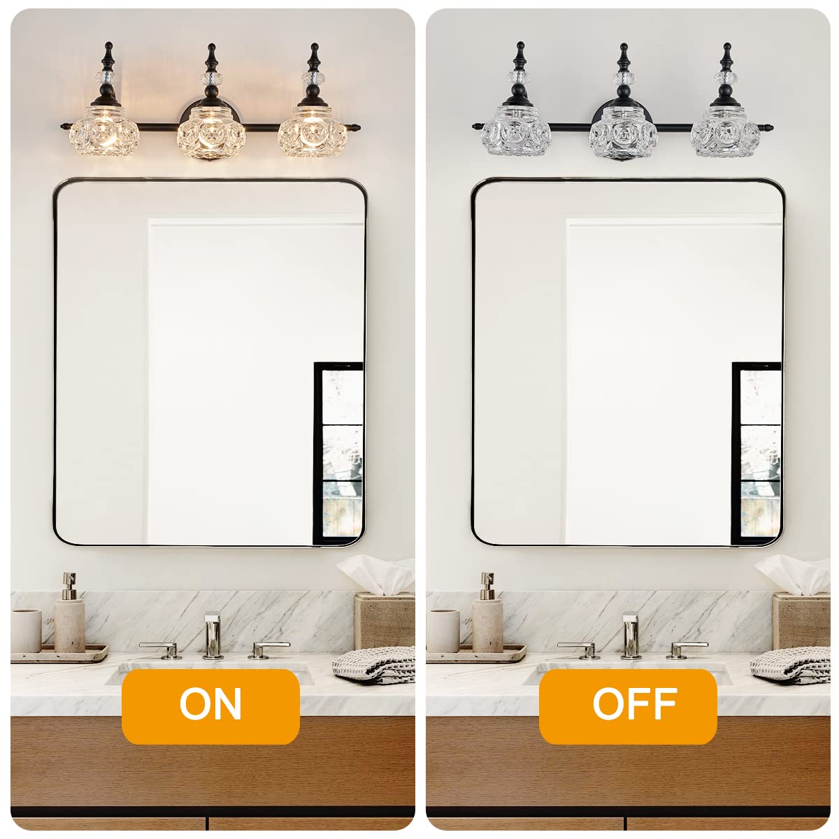 Zilanl 3-Light Vintage Bathroom Light Fixture, Black With Crystal Glass Shade