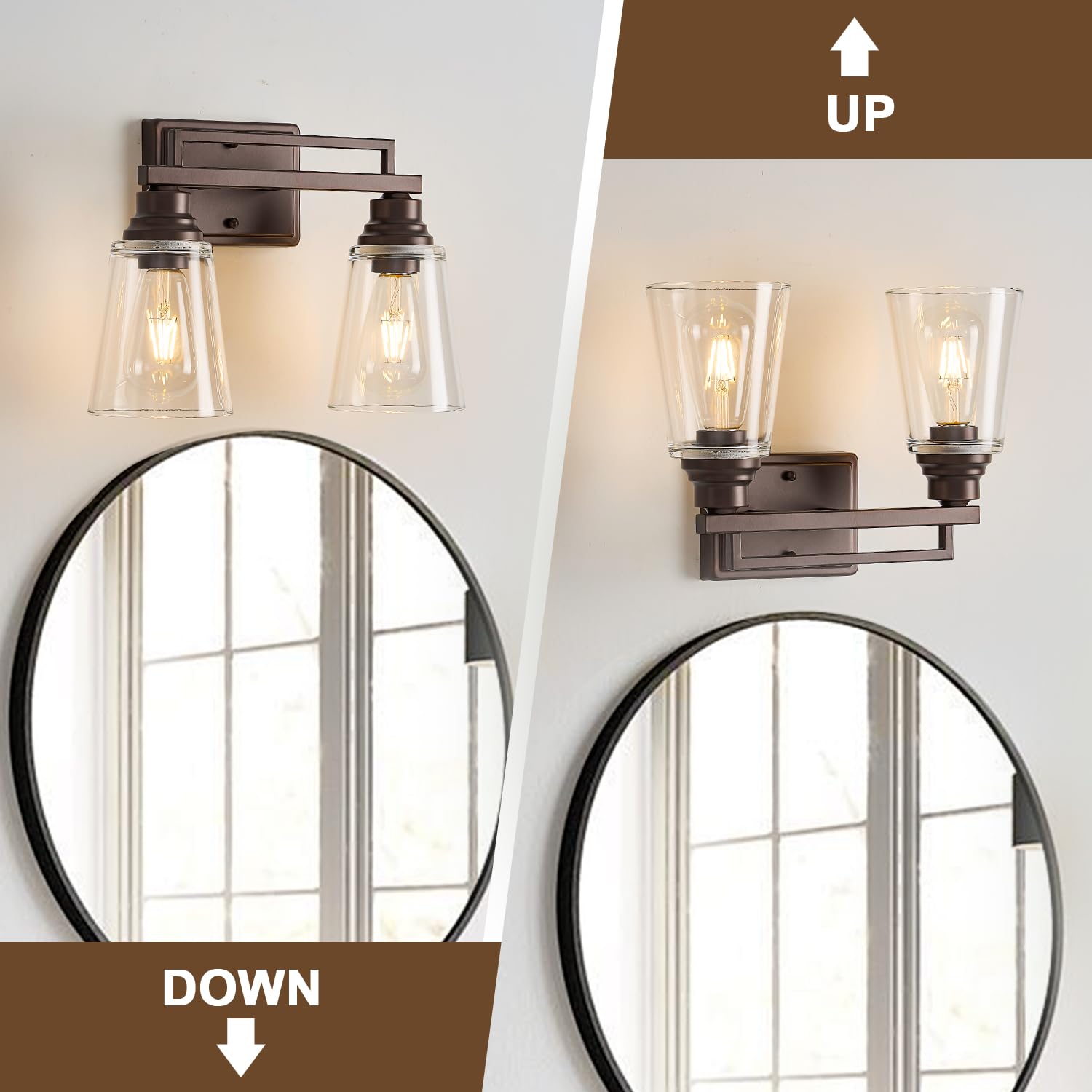 Refice 2-Light Bathroom Vanity Lights Oil Rubbed Bronze Metal Wall Sconces with Clear Glass Shades Model FCW003-2-ORB