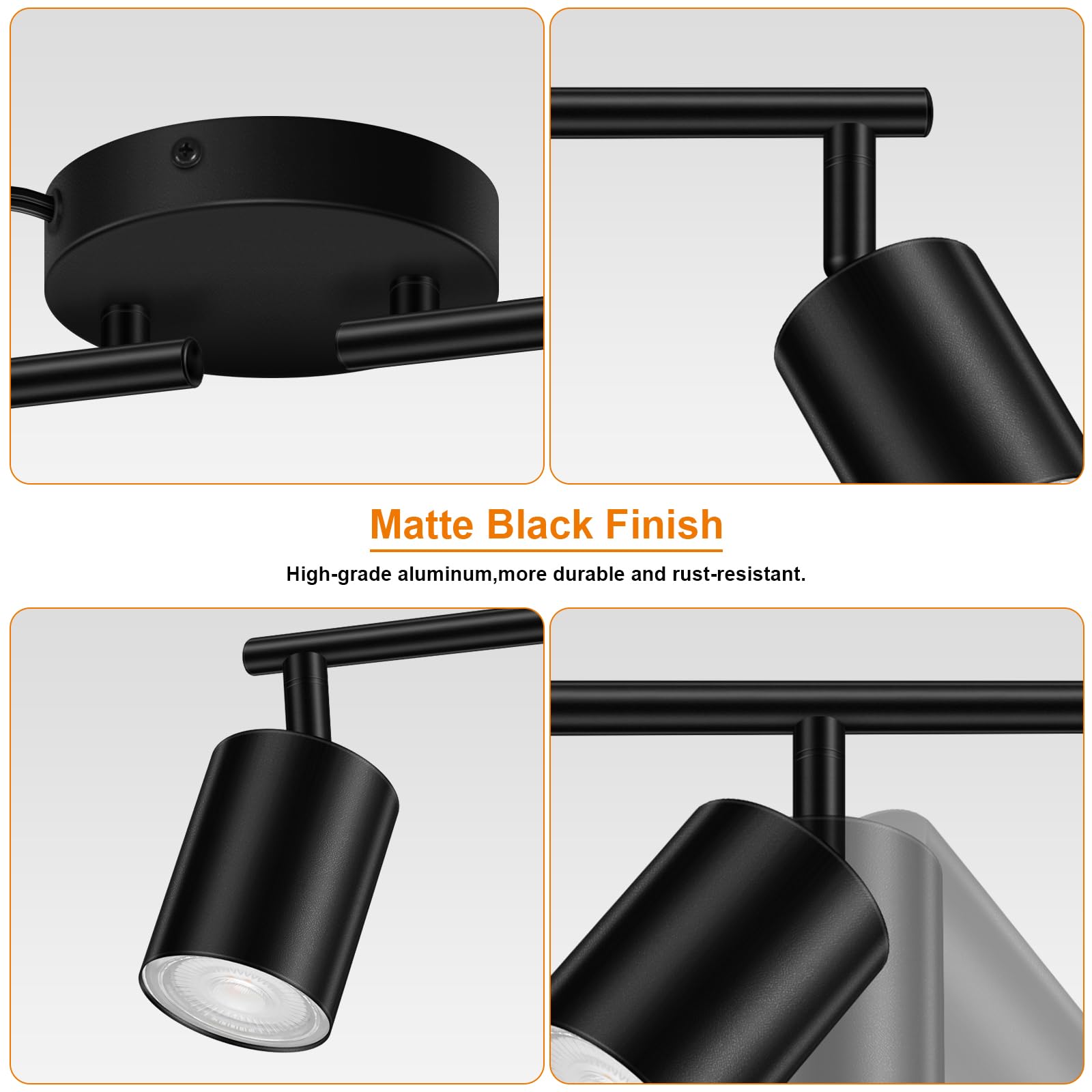 AUQUEE LED Track Lighting Fixtures - Black 4-Light Kit, Metal, Plug-in with 14.8ft Cord, Rotatable Ceiling Spotlight, Model C0105