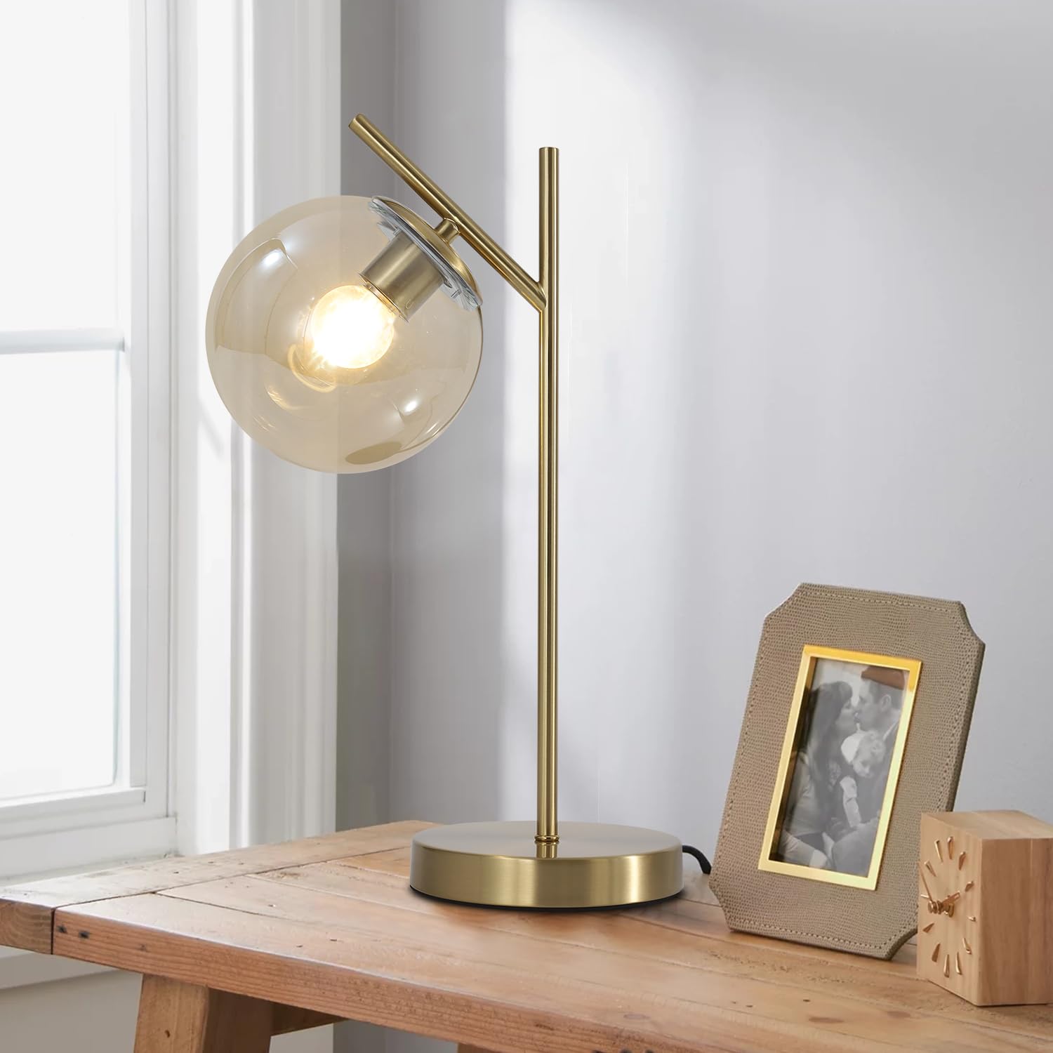 Fulesi Mid Century Modern Table Lamp Gold Globe Nightstand Lamp With Cognacs Glass Lampshade Metal Brass Desk Lamp For Bedroom L