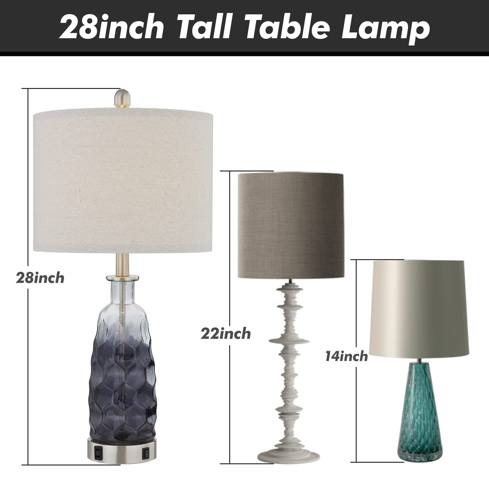 YAMEIWAN 28.7 Farmhouse Vintage Table Lamp Set of 2 with Daul USB Charging Ports QC3.0, 3-Way Dimmable Touch Lamp for Living Roo