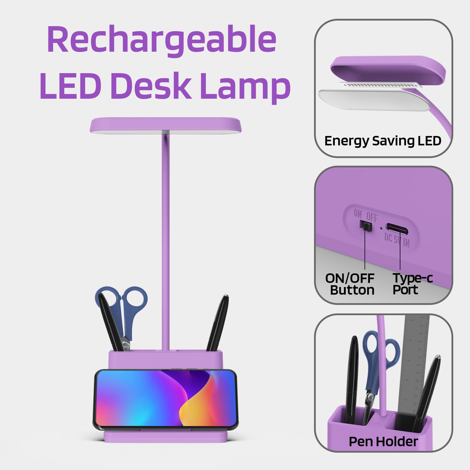 Axx Cute Purple Desk Lamp, Rechargeable Study Table Light For Home Office, Small, Battery Operated, Led, Flexible Gooseneck, Min