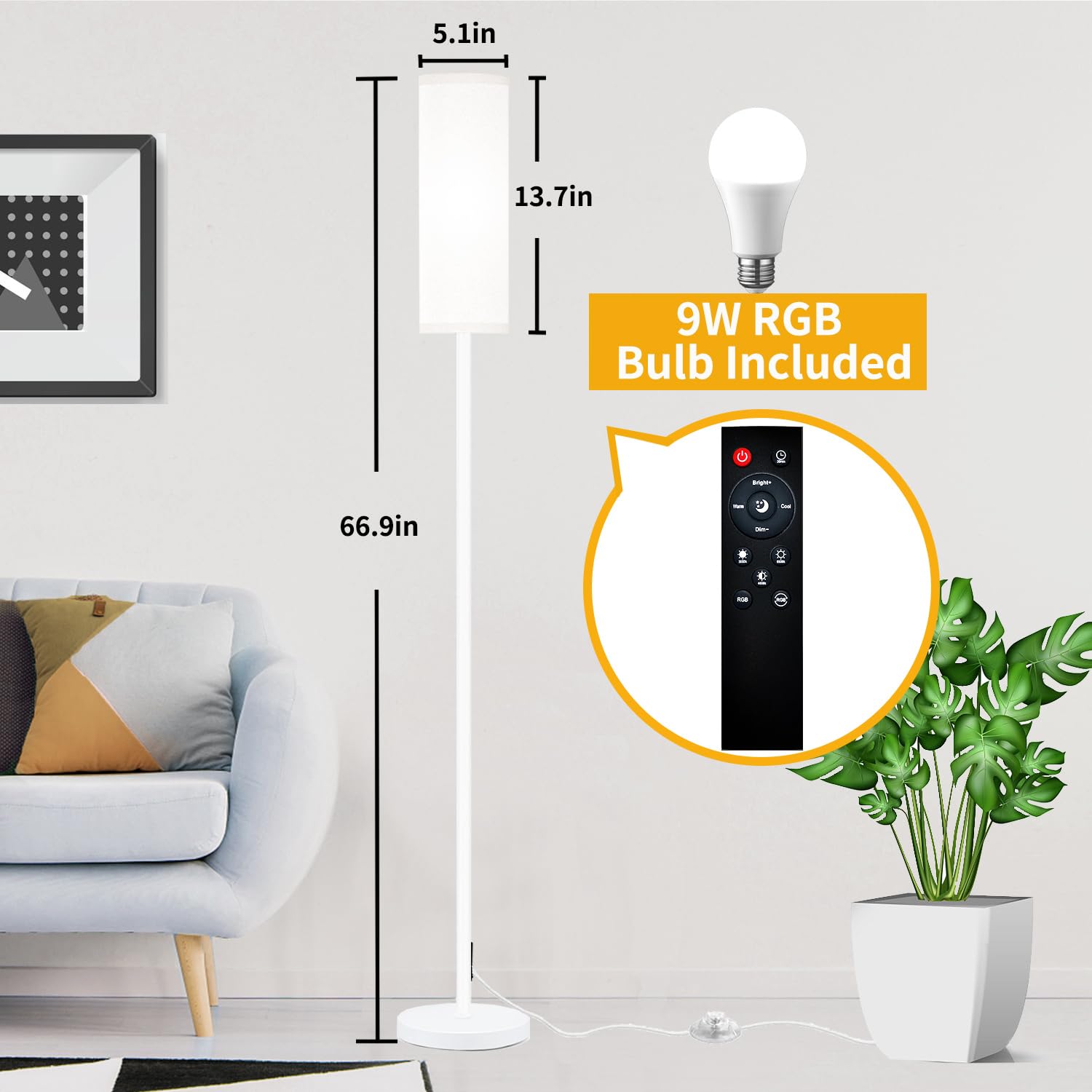 Qaubauyt Smart LED Floor Lamp - APP Control, RGB Colors, Remote, 67in Tall, Dimmable, Matte White, Model JP-RGB