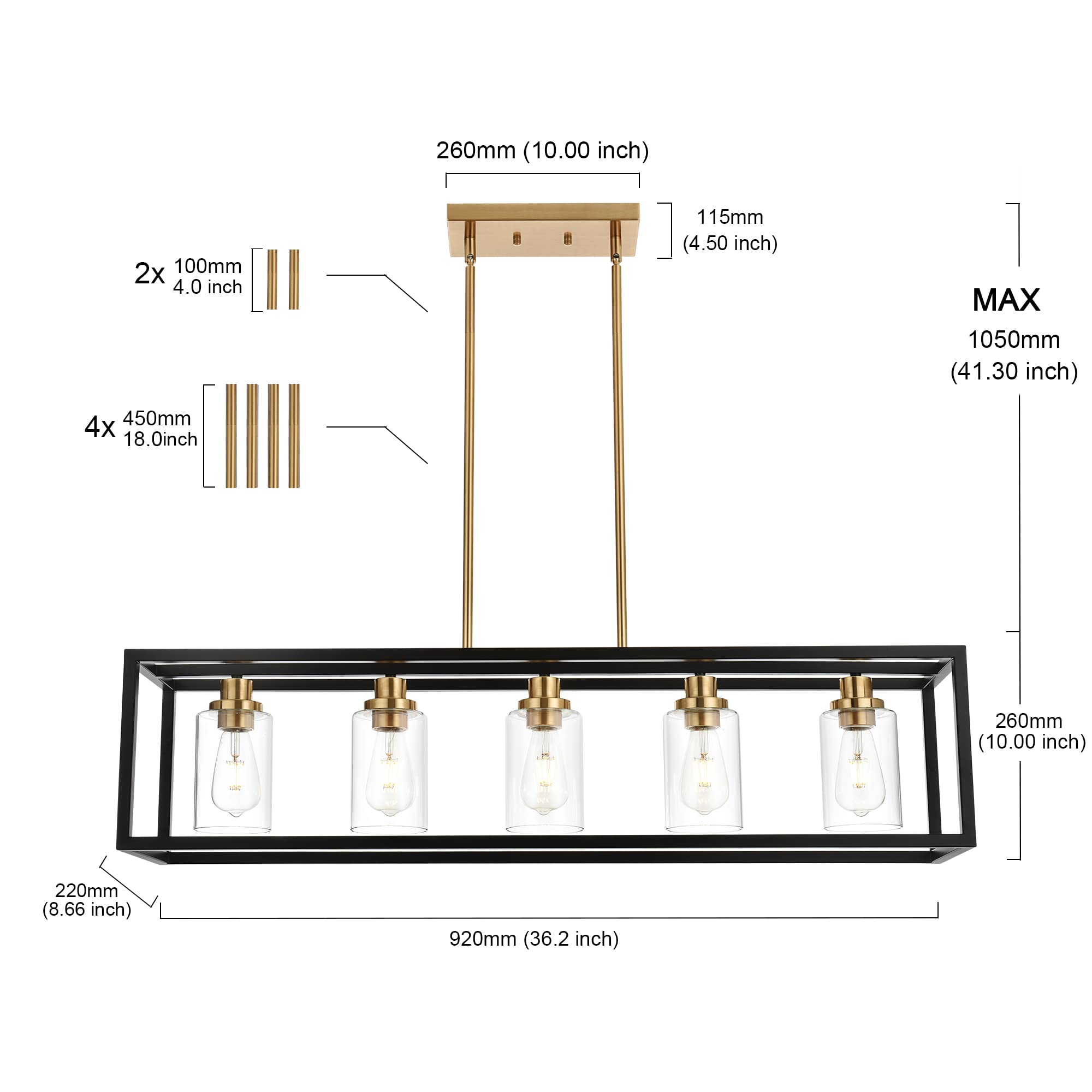 MELUCEE Black Rectangle Chandelier - 5 Light Linear Pendant Fixture, 36.2" Metal with Clear Glass Shade and Brushed Brass Socket