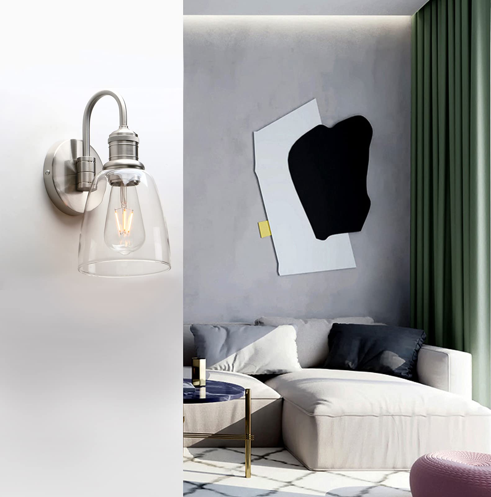 Yosoan 1-Light Brass Wall Sconce, Retro Clear Glass Shade, Hardwired, Model 6123, Brushed Finish