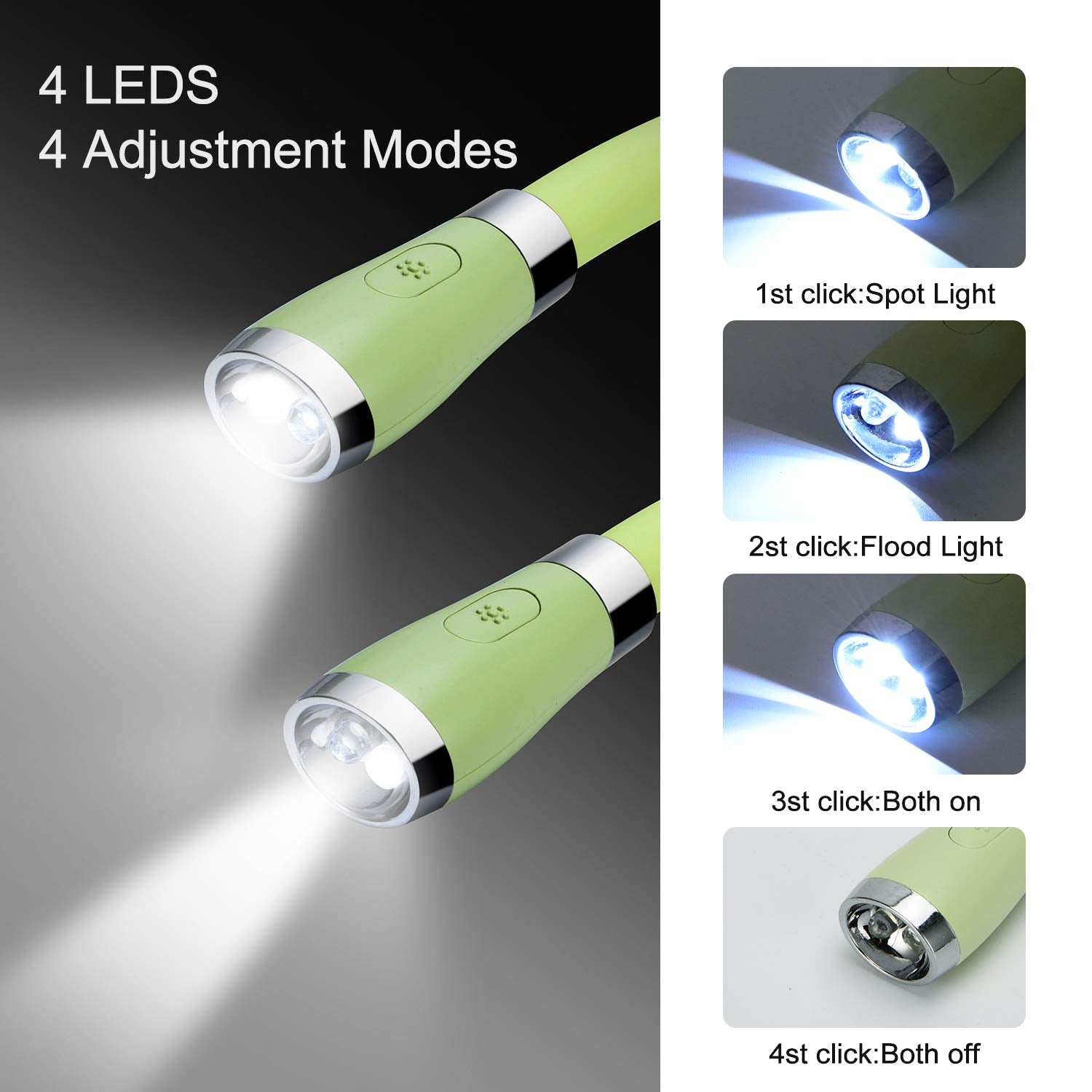 TSINGREE LED Neck Book Light, USB Rechargeable, 4 Bright LEDs, 3 Brightness Levels, Green, Model QRNBL