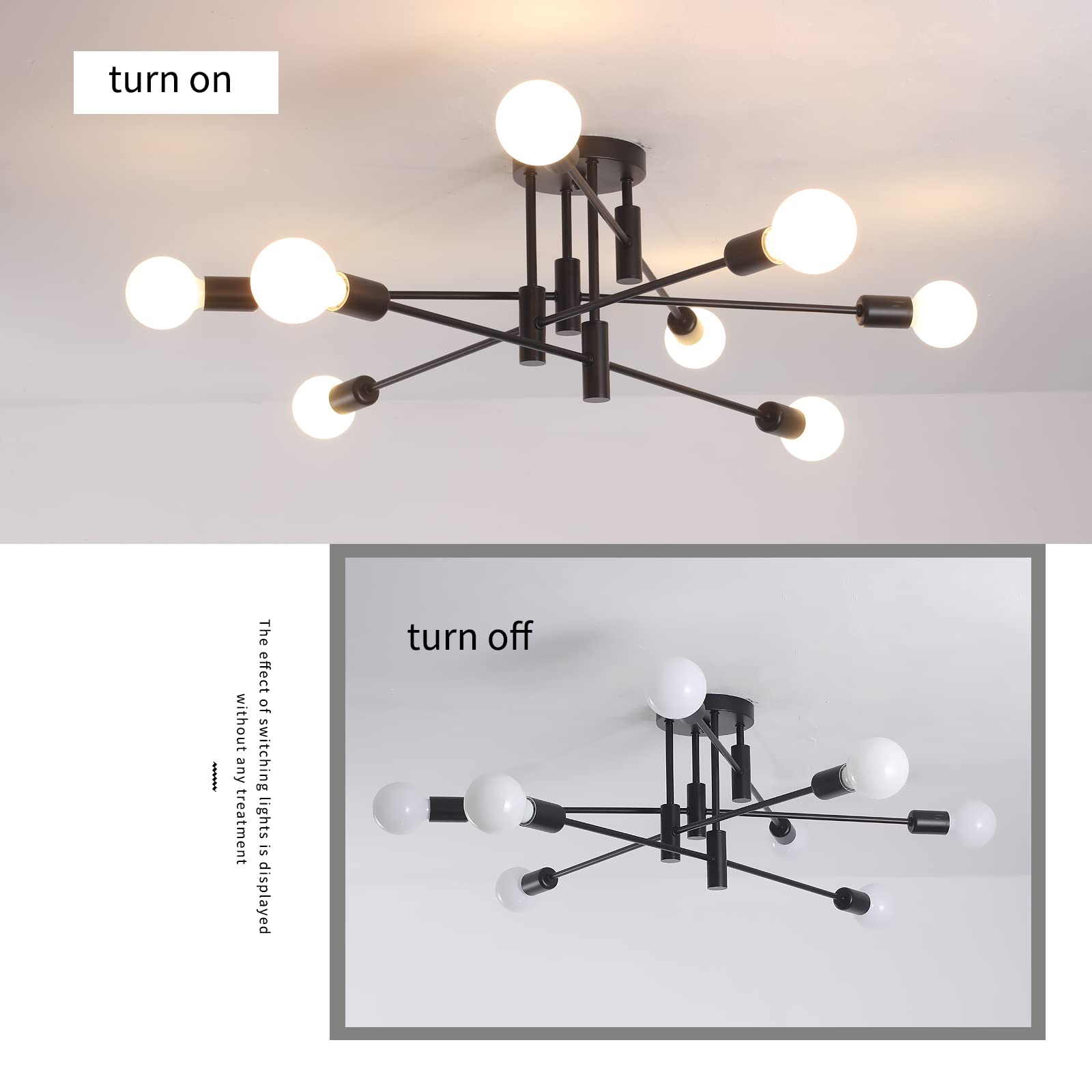 Garwarm Black Ceiling Light Fixture, 8-Lights Semi Flush Mount Ceiling Light, Sputnik Chandelier Industrial Ceiling Lamp For Kit