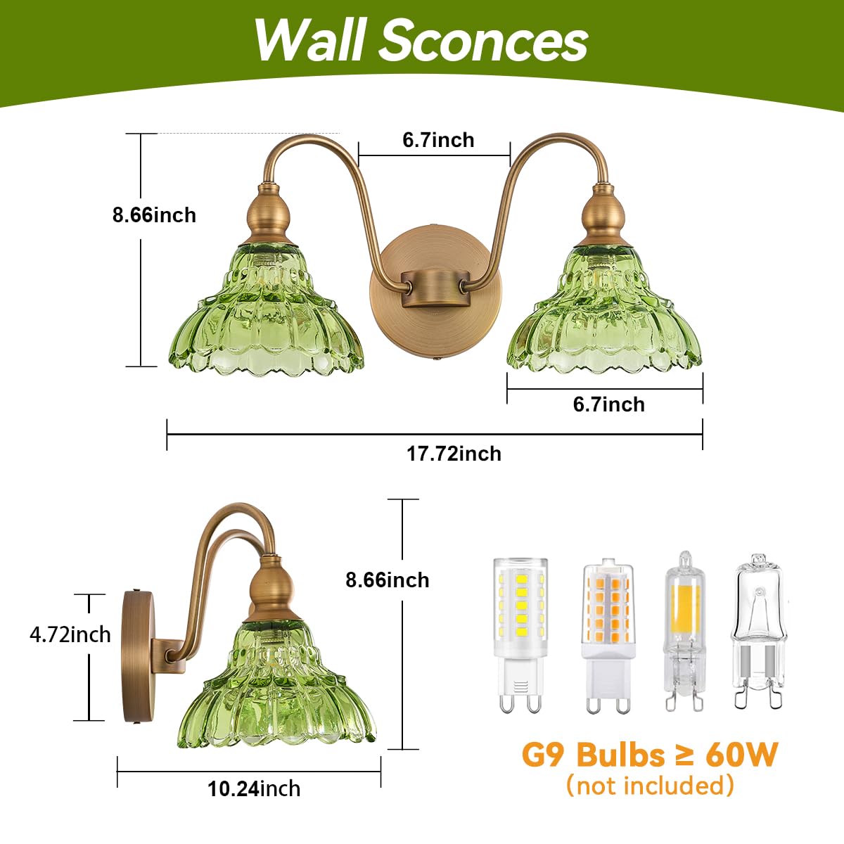 TLOLGT Vintage 2-Light Bathroom Vanity Light, Green Glass Wall Sconces, Model LS178-2, Perfect for Bathroom & Hallway Lighting