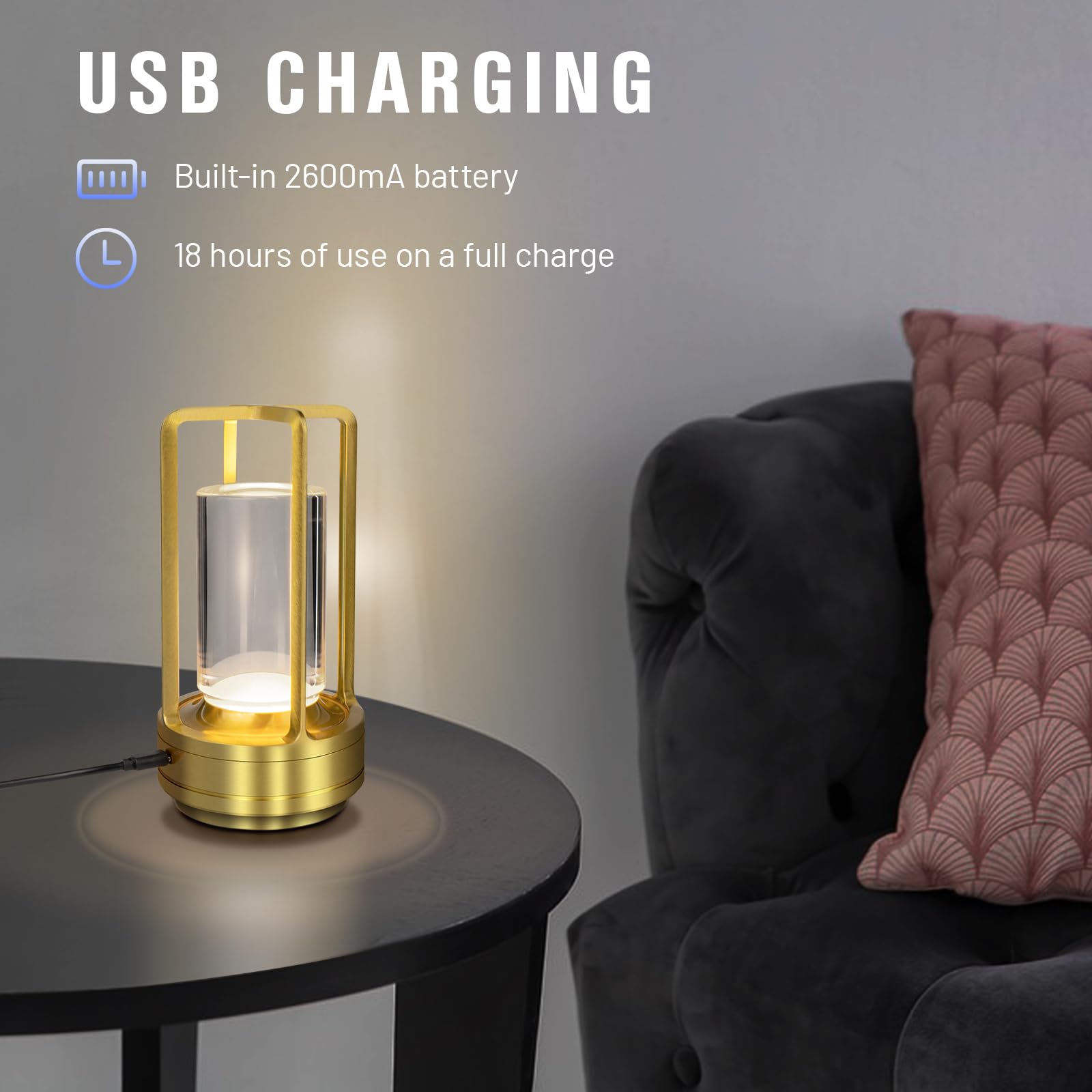 Cordless Table Lamp For Outdoor Indoor, Portable Metal Desk Lamp, Rechargeable Led Crystal Lantern Lamp, 3 Color Stepless Dimming Touch, Battery Powered Table Light For Bedroom Restaurant (Gold)
