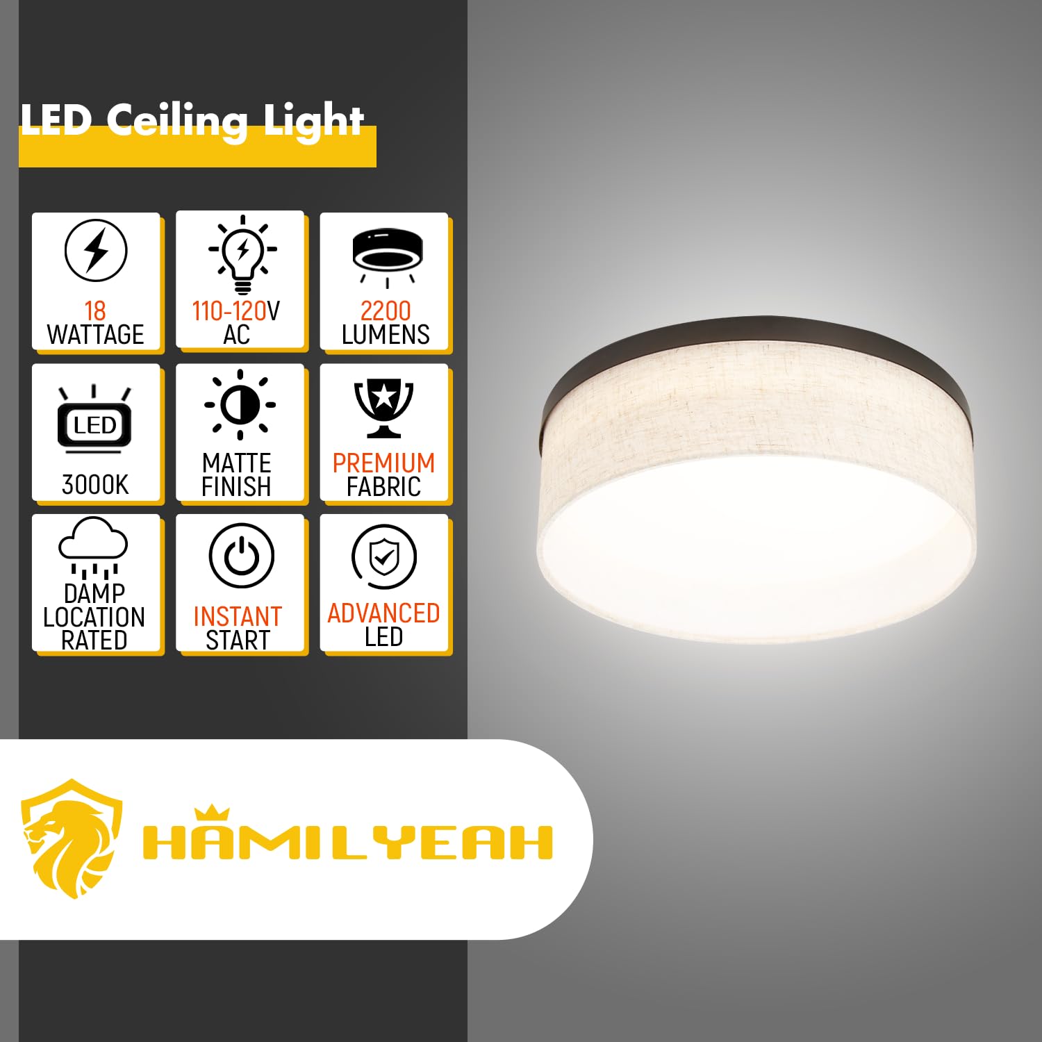 Hamilyeah Flush Mount Ceiling Light Fixture With White Fabric Shade, Led Close To Ceiling Lighting 24W, Modern 12 Inch Round Light Fixtures Ceiling Mount For Bathroom, Bedroom, Living Room,Kitchen