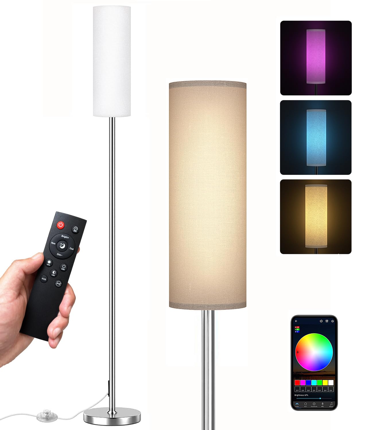Qaubauyt Modern Led Floor Lamp With Remote, Brushed Nickel, Reading & Colorful Modes, 9W Bulb