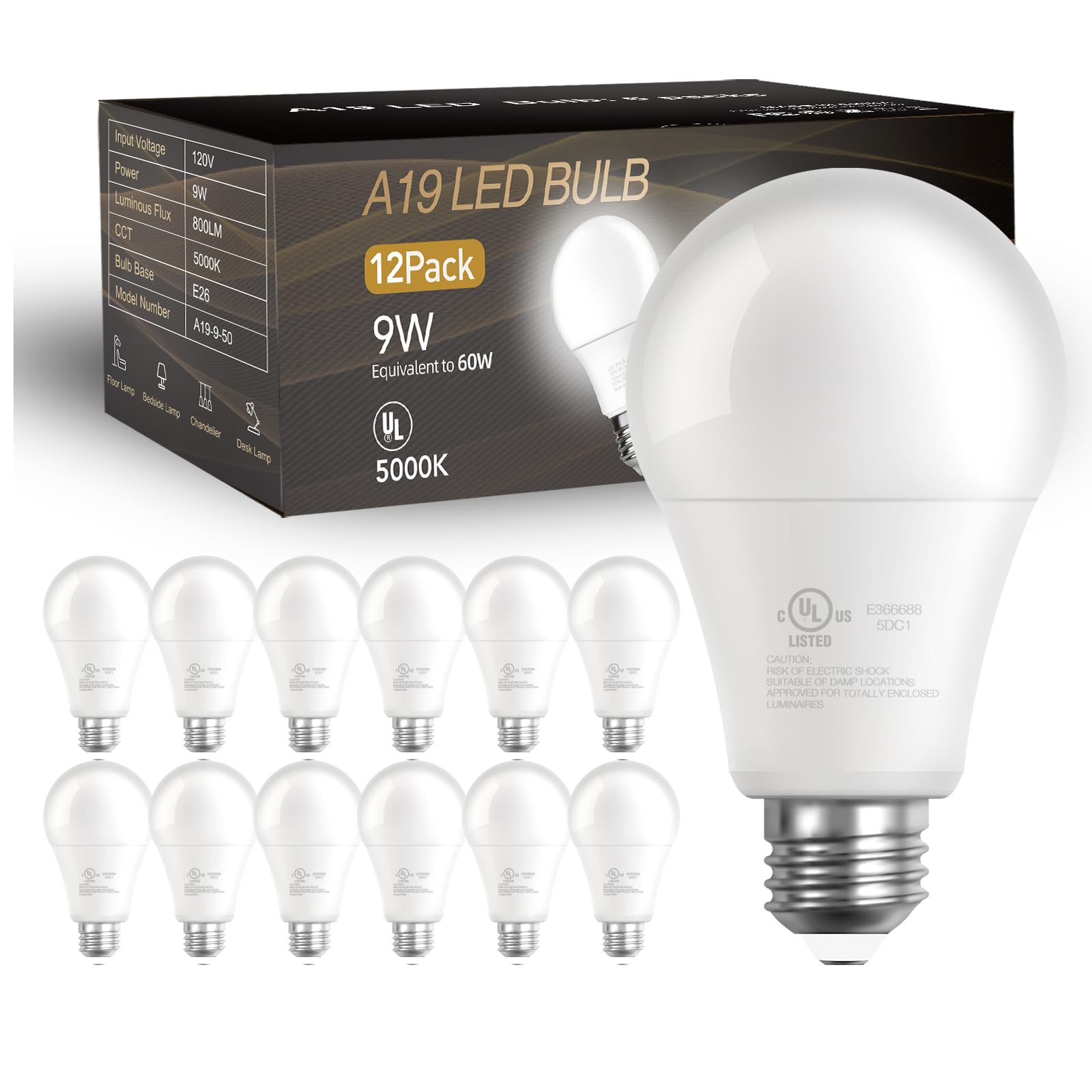 Daybetter 12 Pack A19 Led Light Bulbs, 60 Watt Equivalent Led Bulbs, Long Lifespan High Brightness 800Lm Daylight White 5000K, E