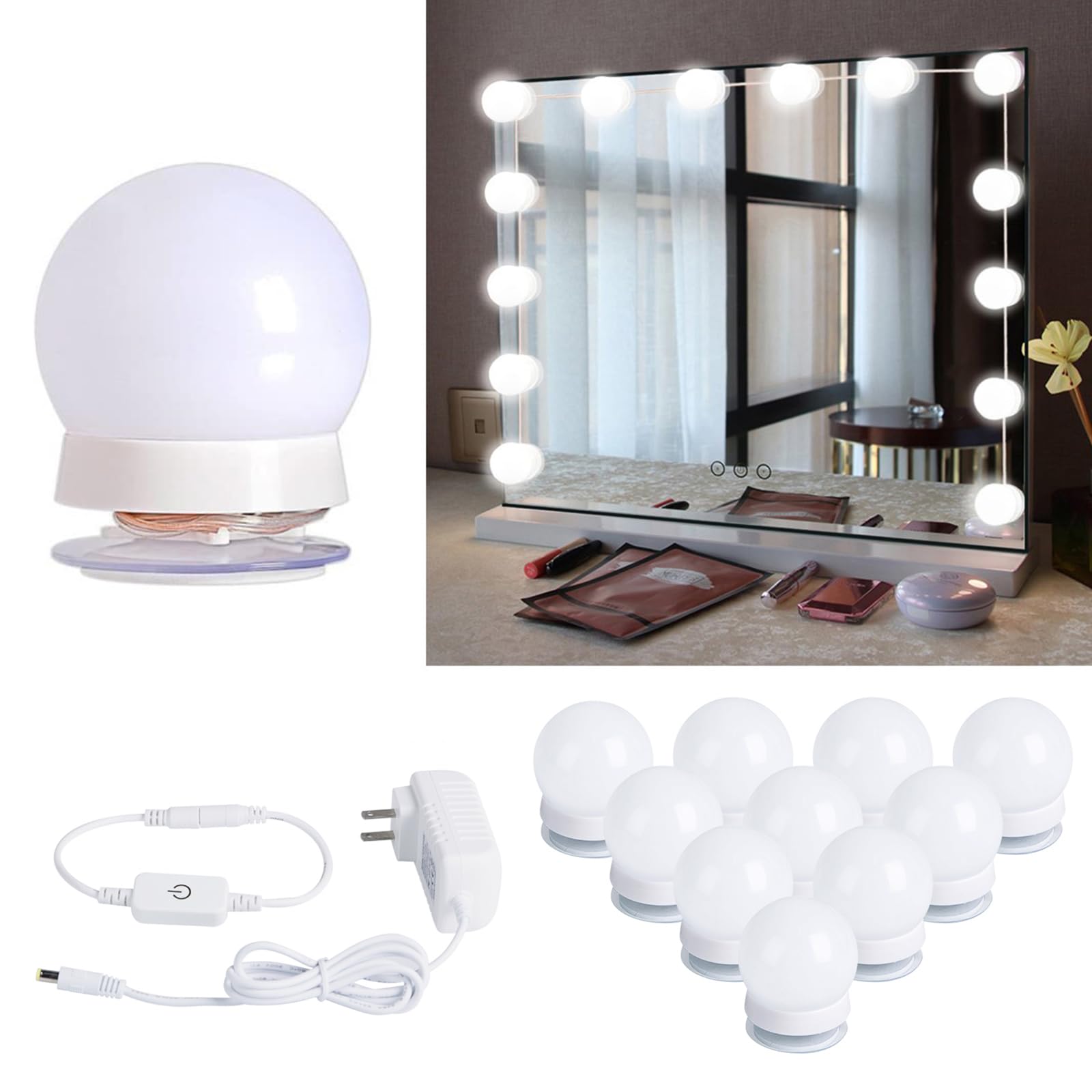Brightown Hollywood Style LED Vanity Mirror Lights Kit - 10 Dimmable Bulbs, Plastic, White, Model FY1201500