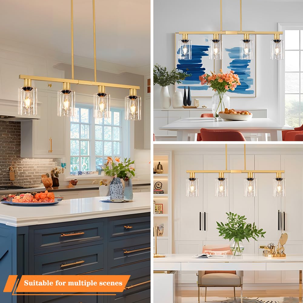 DSMJFU 4-Light Kitchen Island Lighting, Gold Metal Chandelier, Height Adjustable, 31in Glass Shade, Farmhouse Style for Dining Room