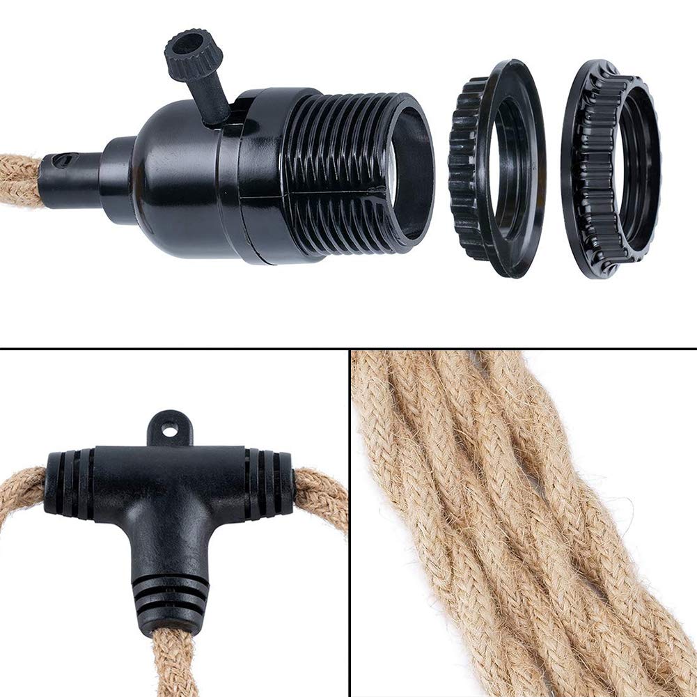 Yiliaw 27FT 3-Light Plug-in Pendant Light with Hemp Rope, Industrial Style Hanging Lamp for Farmhouse Bedroom Living Room Decor