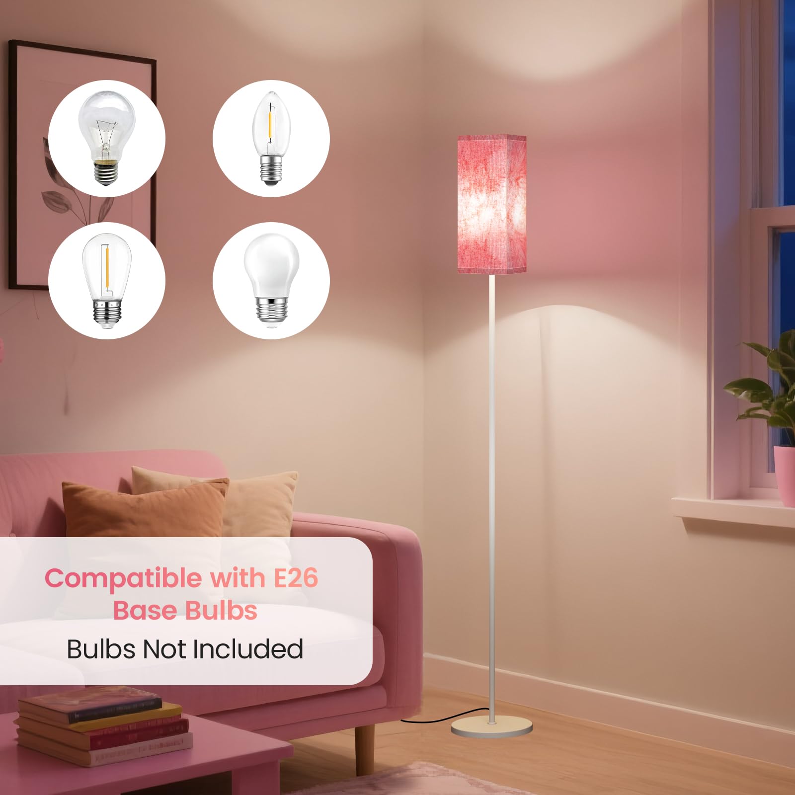 GOEBLESON Floor Lamp, Modern Pole Lamp with Foot Switch, Metal, Sakura Pink + White, Model WCP07LD05