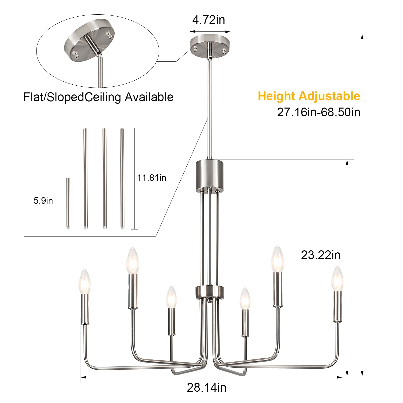 Zjvaive Dining Room Chandeliers 6-Light Brushed Nickel Chandeliers Modern Farmhouse Hang Light Fixture For Kitchen Living Room E