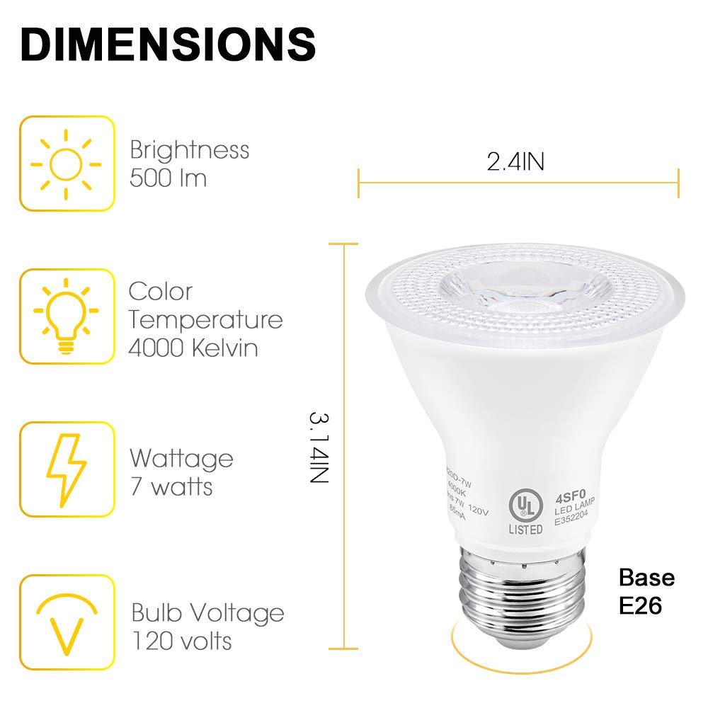 Par20 Led Bulbs Ul Listed, Dimmable Light Bulb, 7 Watt(60W Equivalent) Spotlight, E26 Base, 5000K Daylight White Flood Light Bul