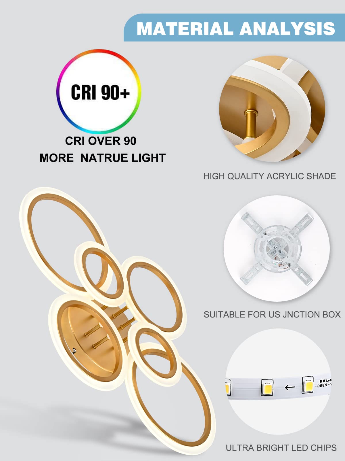 Vikaey Modern Led Flush Mount Ceiling Light, 6 Rings Gold Close To Ceiling Light, Lighting Fixture Ceiling Lamp For Kitchen, Living Room, Bedroom, Laundry Room, 4000K Not Dimmable
