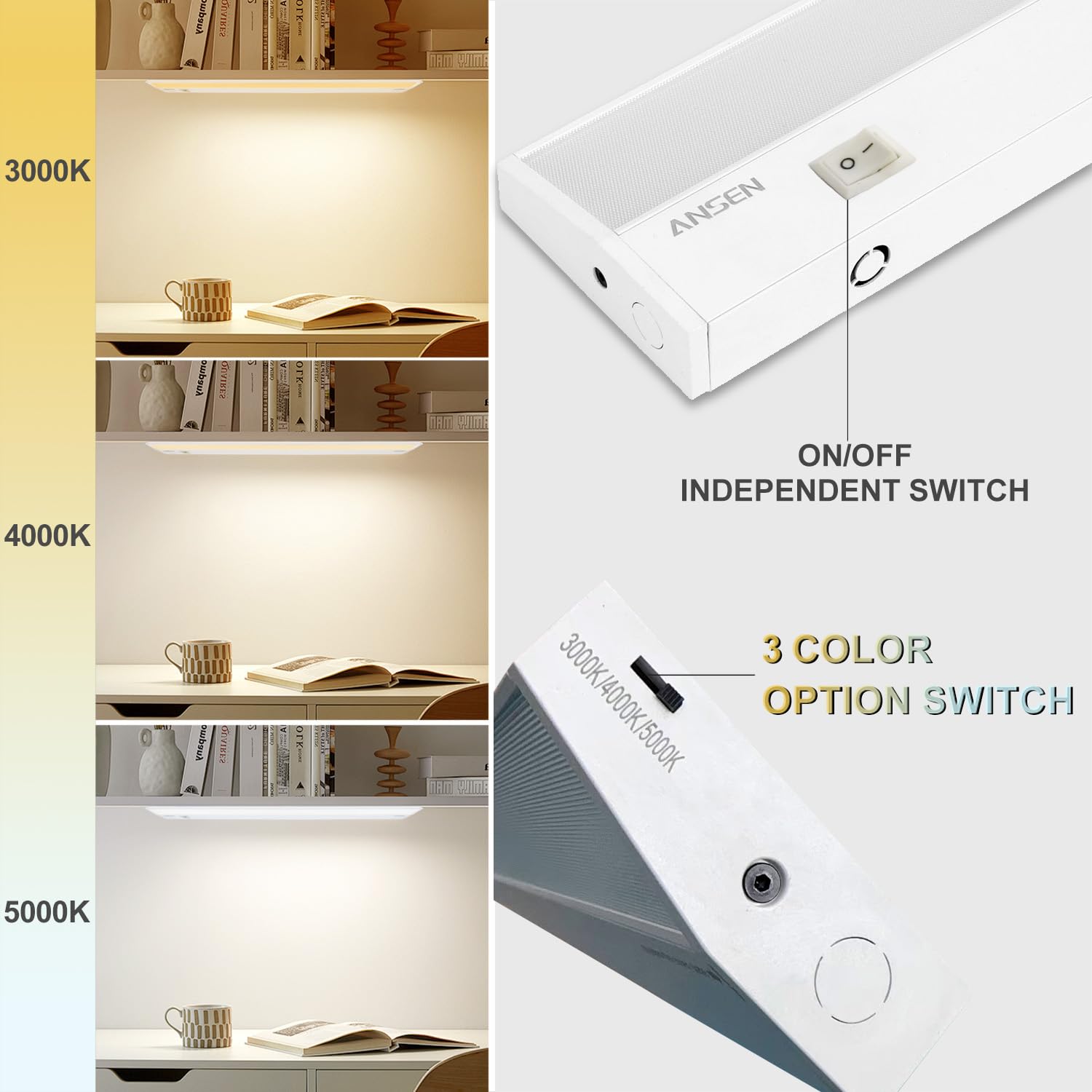 Ansen 12in Hardwired LED Under Cabinet Lighting, Dimmable, 10W, 3 Color Temps, White, Model LIGHT12IN