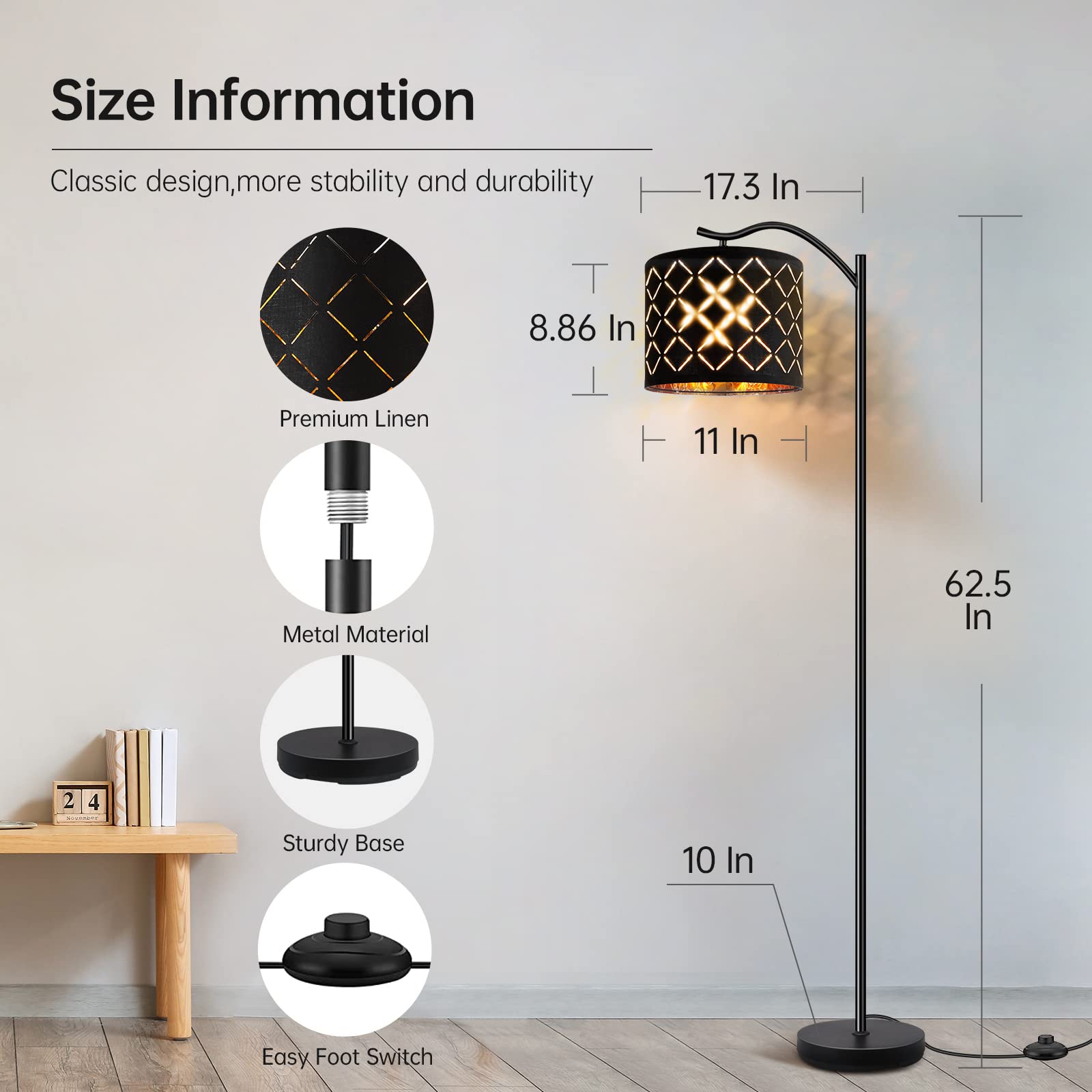 BoostArea LED Arched Floor Lamp, 8W Modern Metal Lamp with Bohemian Linen Shade, Footswitch, Laser Square Shade for Living Room & Office