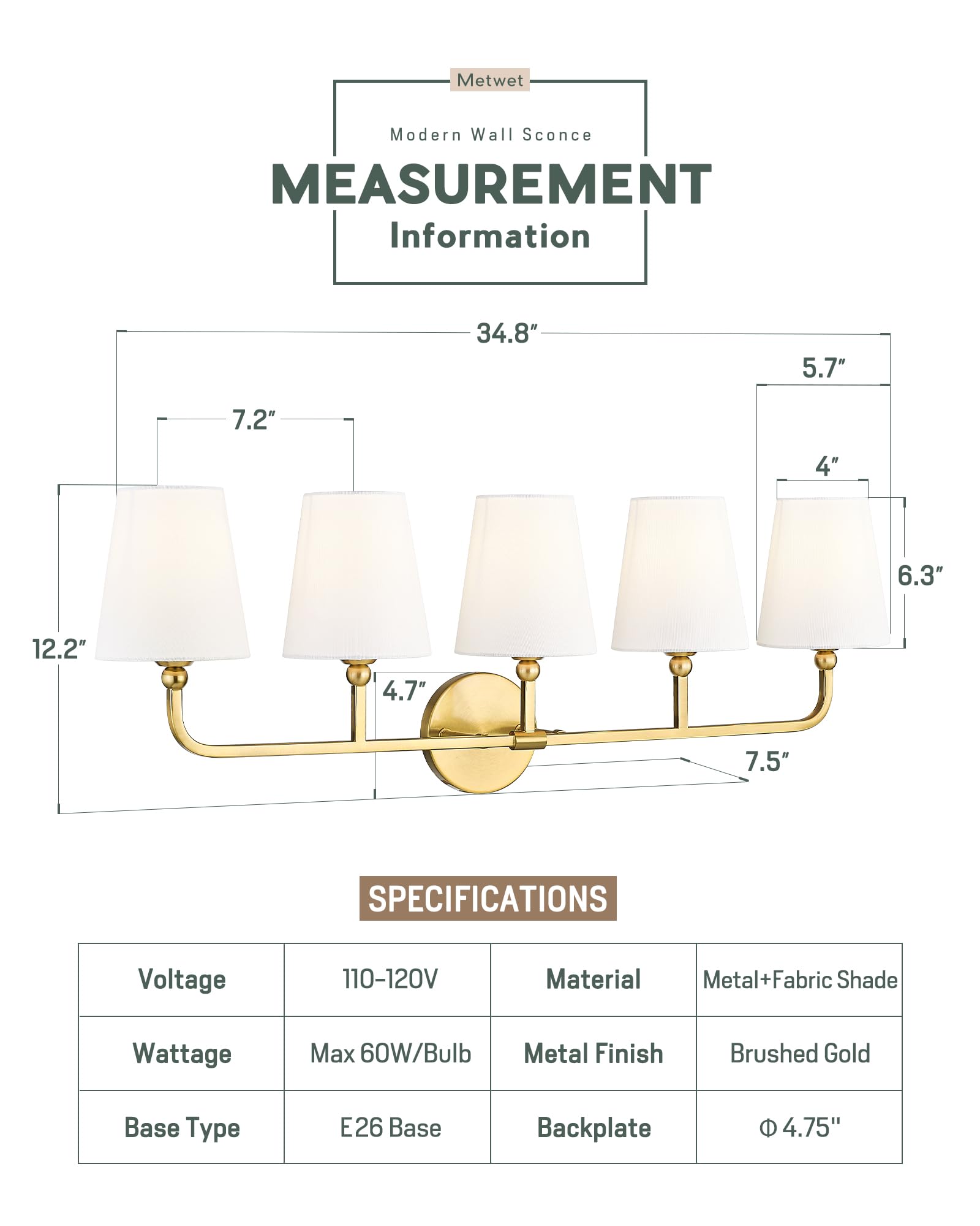 Metwet Bathroom Light Fixtures, 5 Light Brushed Gold Vanity Lights With Flared White Fabric Shade, 35 Inch Wall Sconce, Modern S