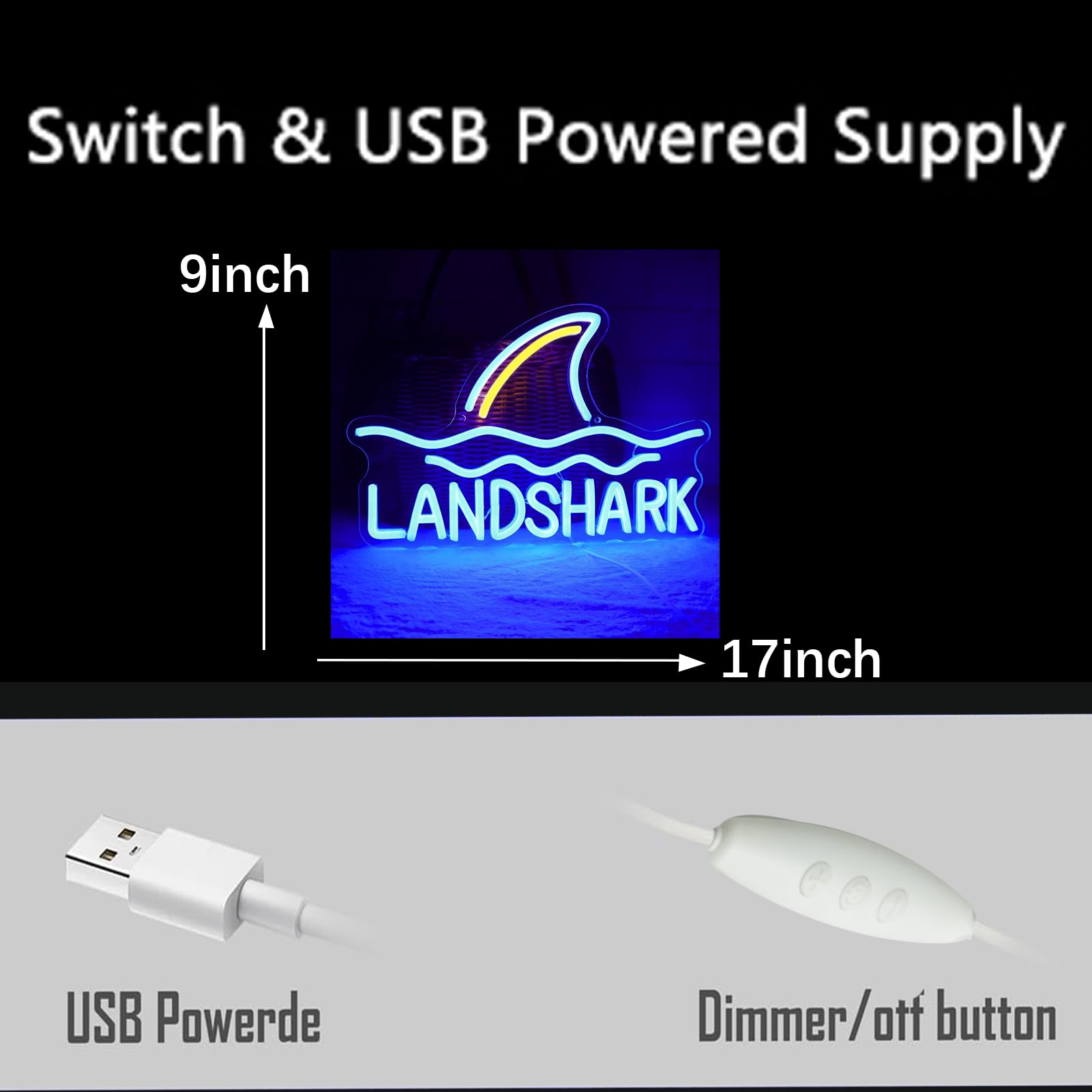 Tiabuy LED Shark Neon Sign - Acrylic Lager Light for Home Bar, 17 x 9.5 inch, Blue (Landshark), Model TB-NS-W-02