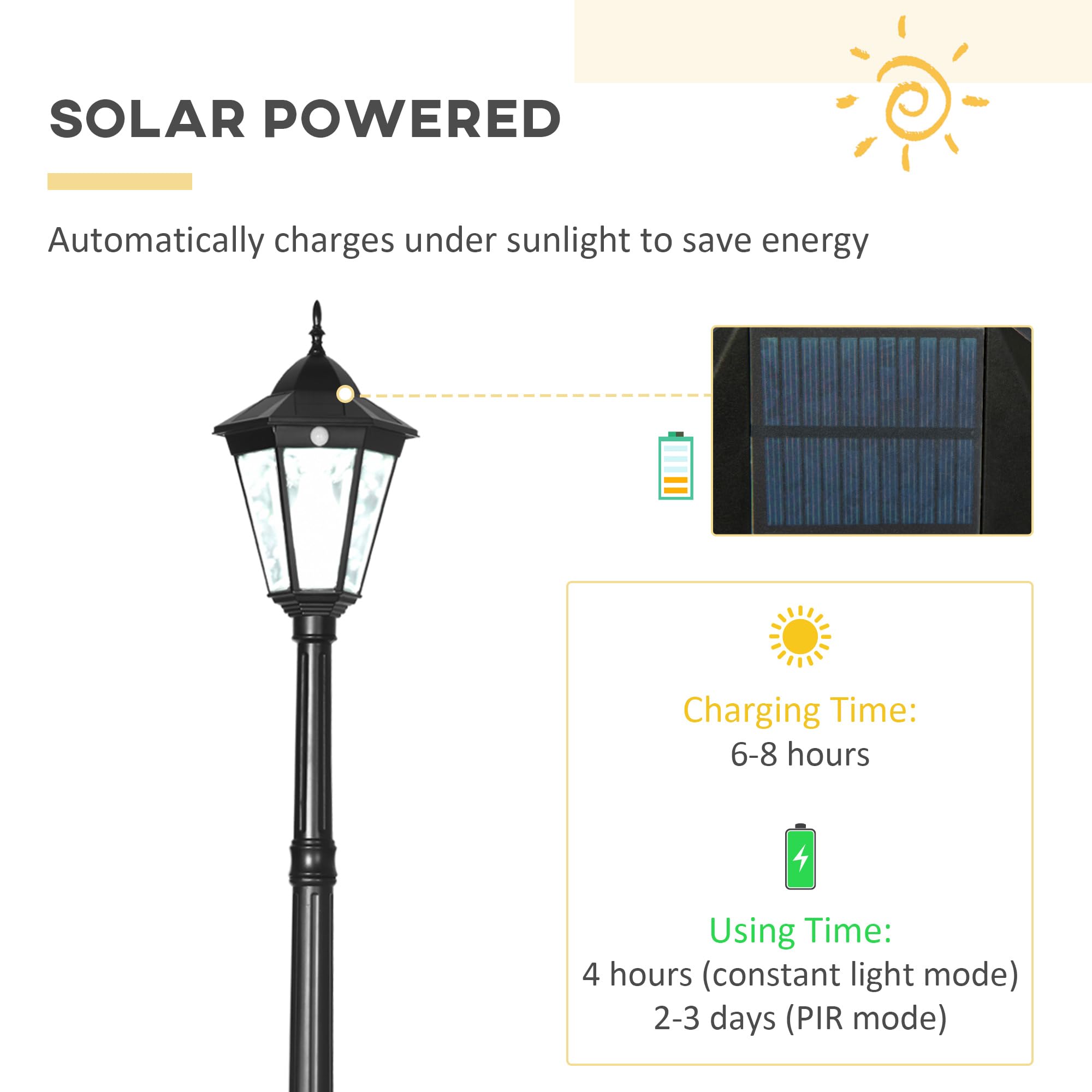 Outsunny 94.5&quot; Solar Lamp Post Light, Dusk To Dawn Vintage Style Street Light, Aluminum Solar Powdered Lamp, Pir Motion Sensor For Garden, Lawn, Pathway, Driveway, Black