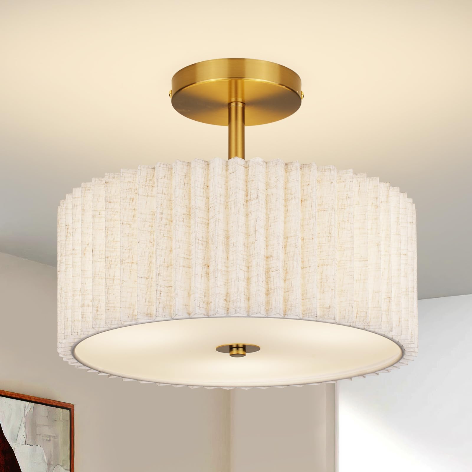 CLARSYNE Mid Century Modern Semi Flush Mount Ceiling Light with Pleated Fabric Shade  12.5 in Drum Gold Light Fixture with Lights  Beige White Linen Lamp for Bedroom  Living Room  Dining Room  Hallway